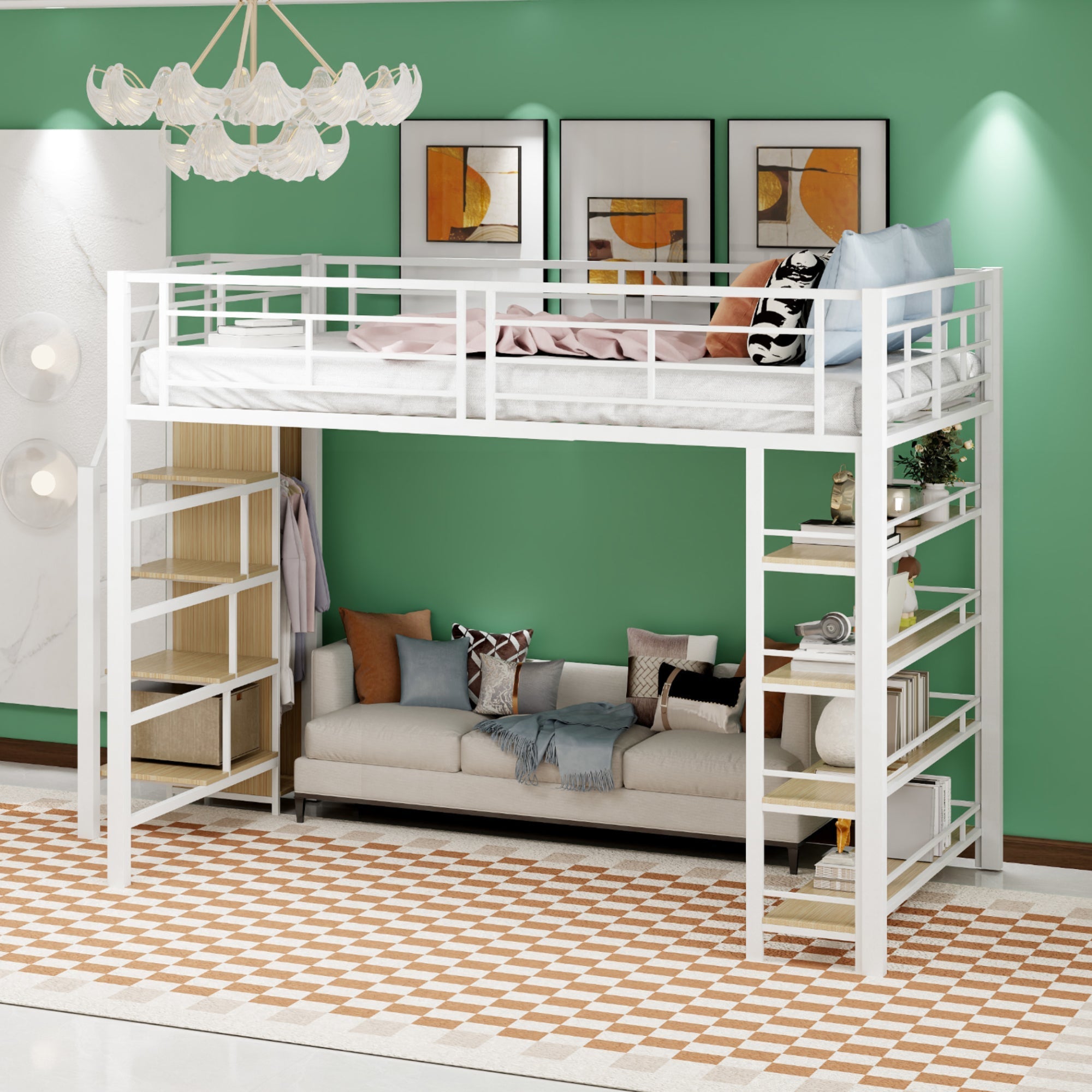Loft Bed, 140*200 with Stairs, Storage, Wardrobe, Shelves, White