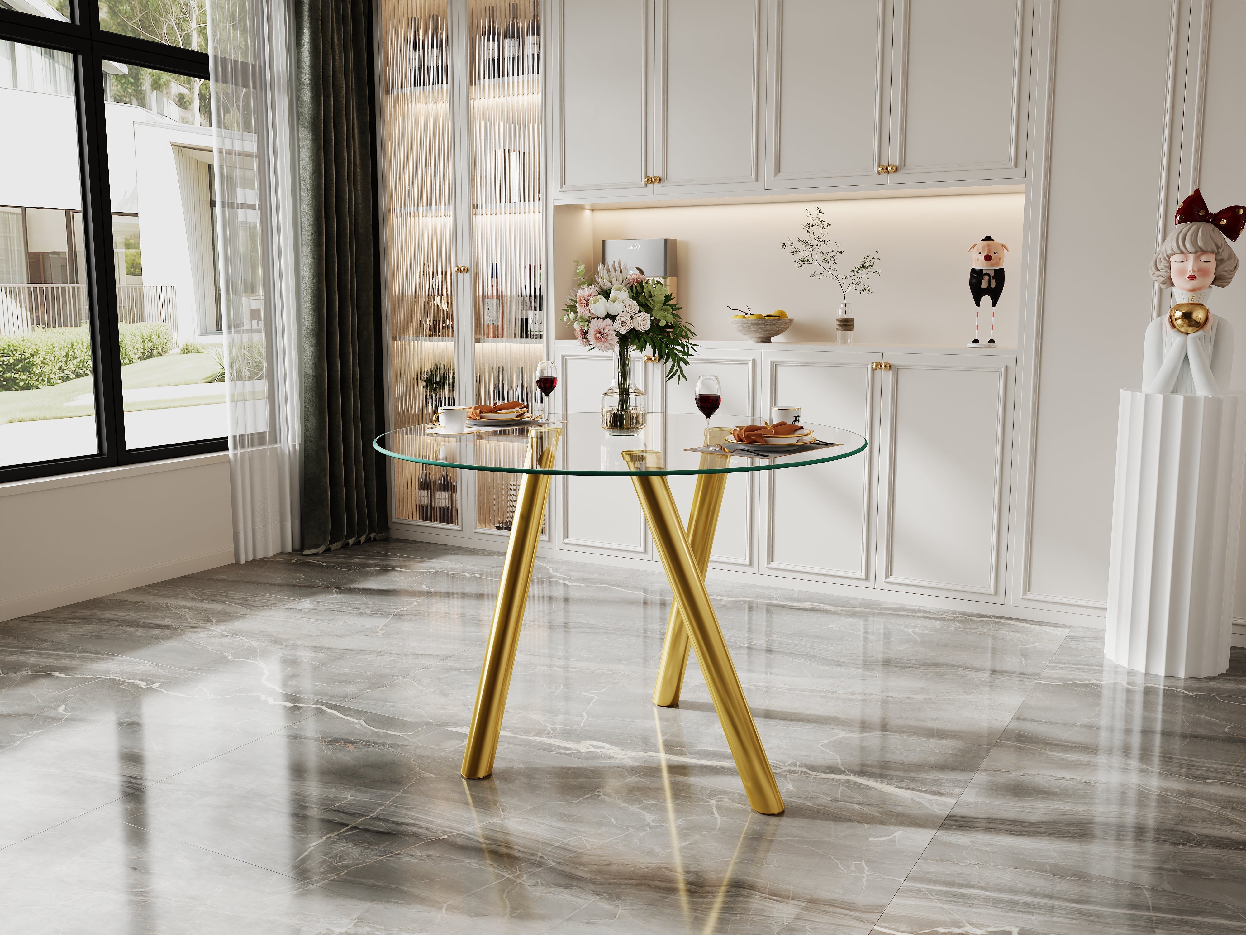 Round Dining Table with Sturdy Metal Legs, 89cm, Golden Tempered Glass