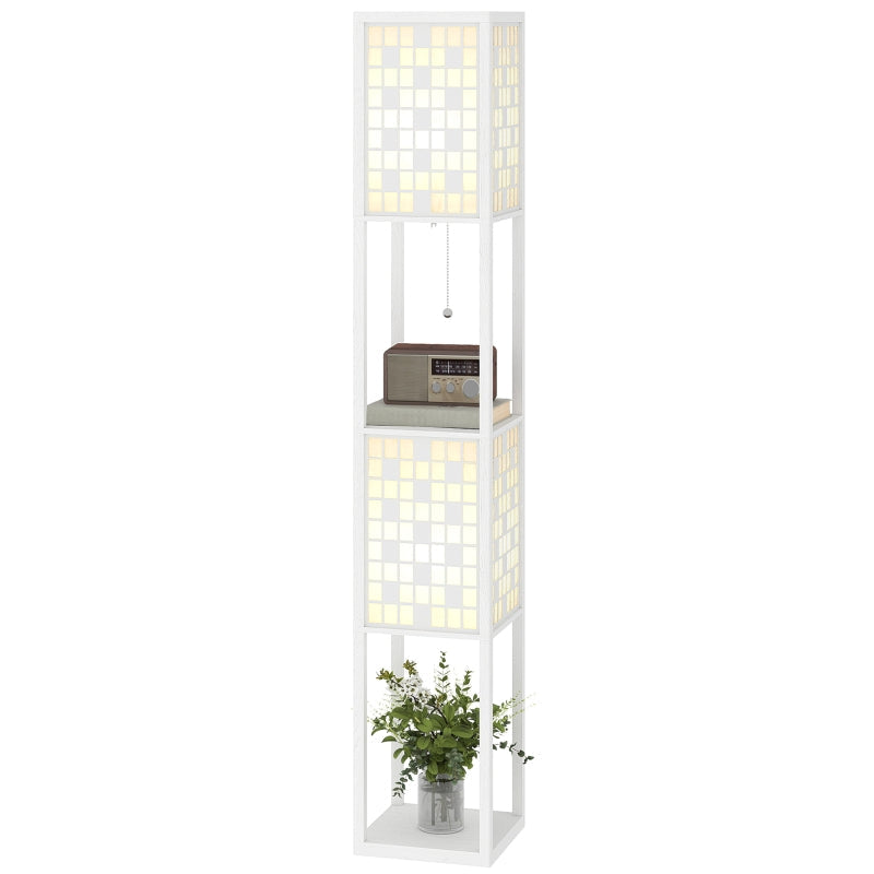Floor Lamp, 2 Compartments E27 Socket Lattice Pattern Column with Foot Switch and Pull Chain, White