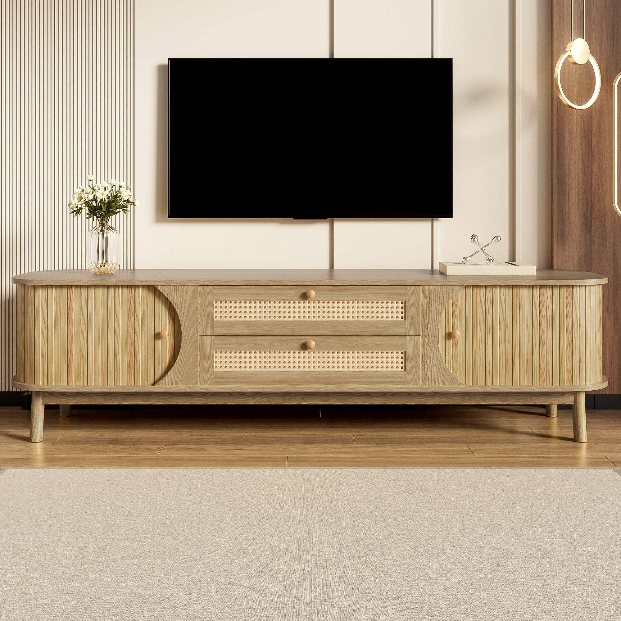 TV Cabinet with Doors, Drawers & Rattan Sides - Natural Wood Blend