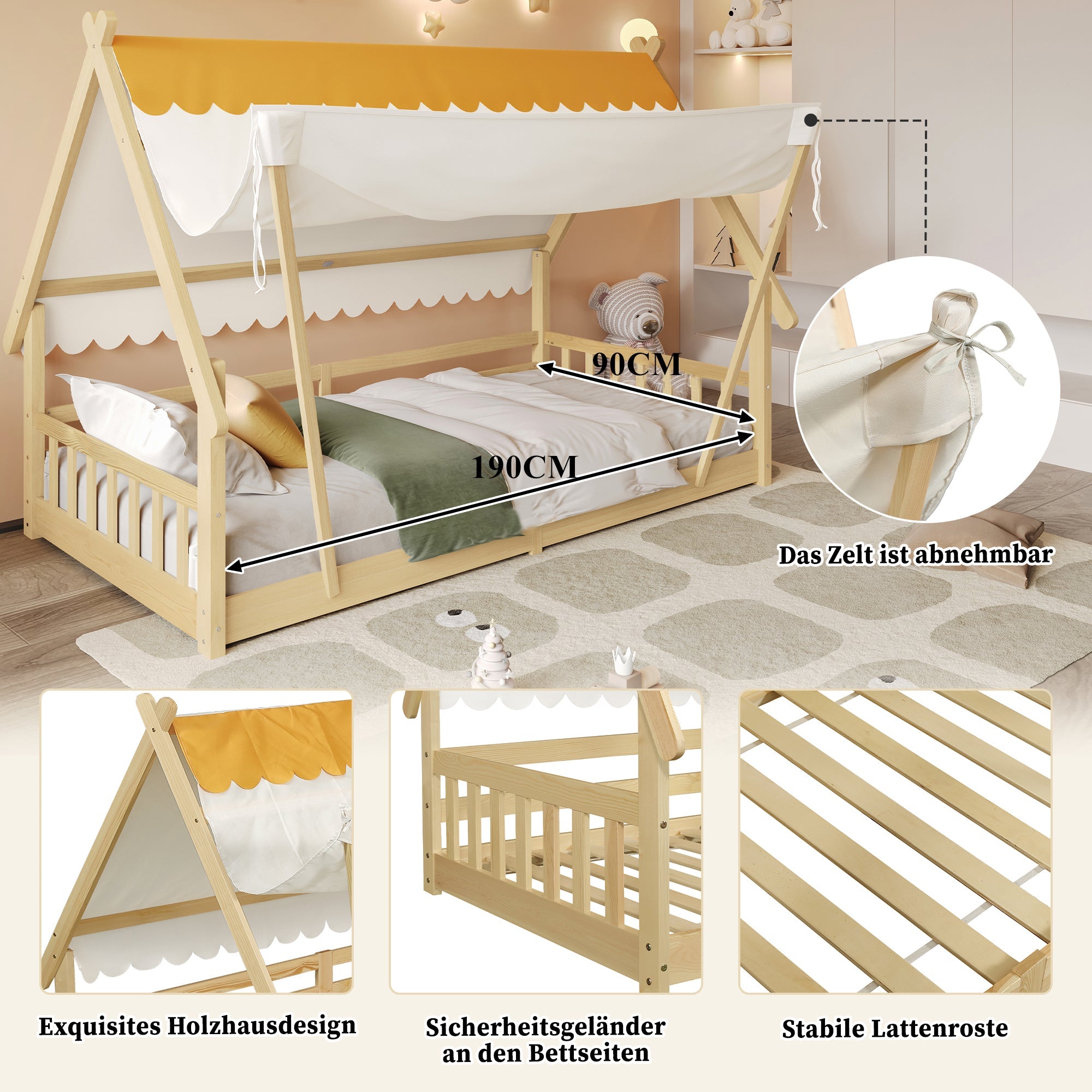 Children's Bed Single, Wooden House Design, Removable Tent, Safety Railing, Pine + Plywood, Natural, 90x190cm