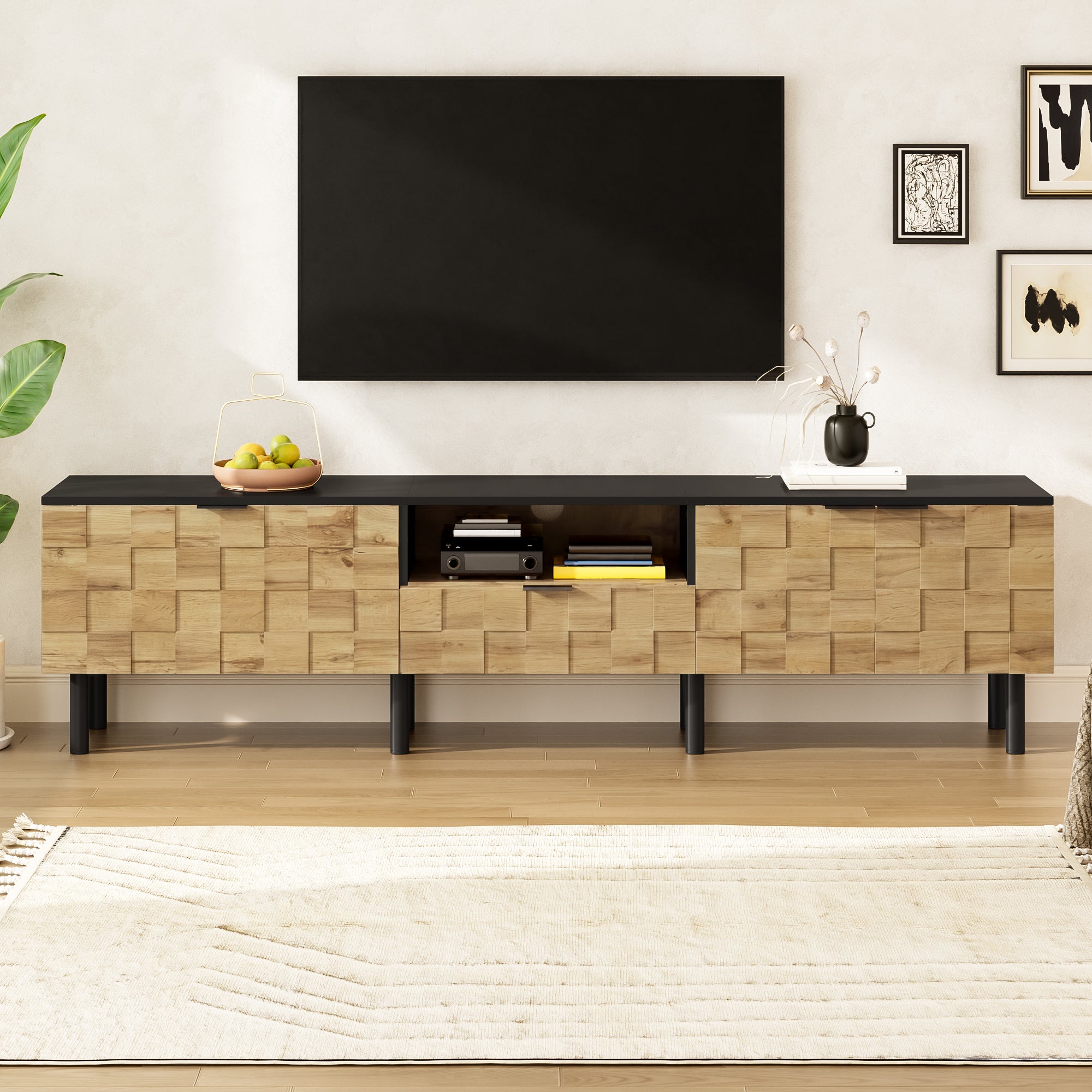 Mosaic TV Cabinet with 2-Door Drawer and Open Compartment, Wood Look Chipboard