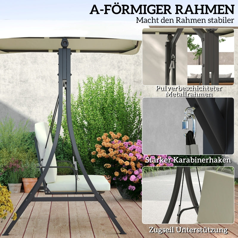 Porch Swing, 2-Seater with Adjustable Sunroof & UV 30+, 220 kg Capacity, Cream White