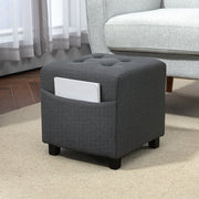 Square Footstool Small Ottoman with Side Pocket, Padded Seat, 35x35x35cm, Linen Fabric Grey