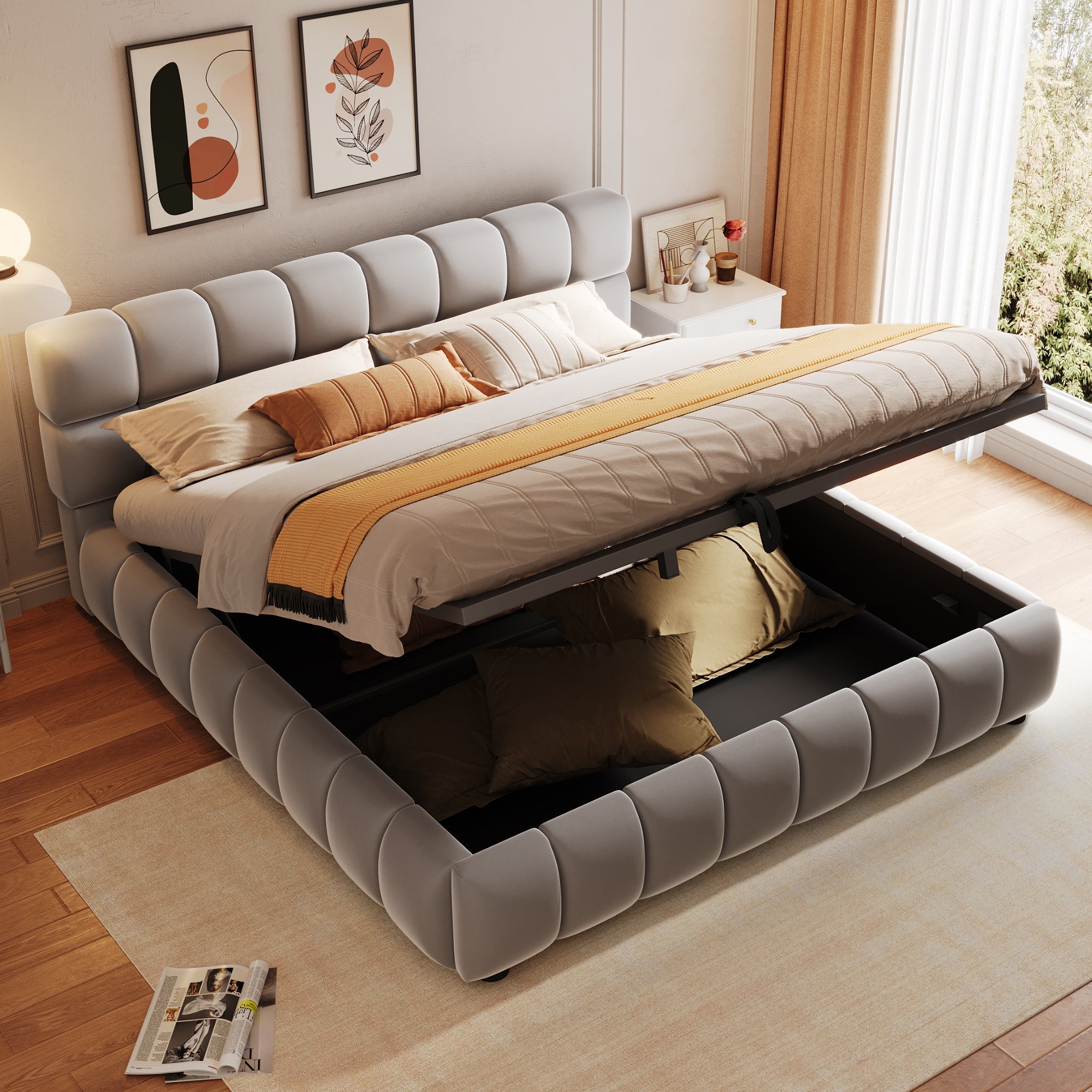 Upholstered Bed 140x200cm Hydraulic Storage Velvet Grey
