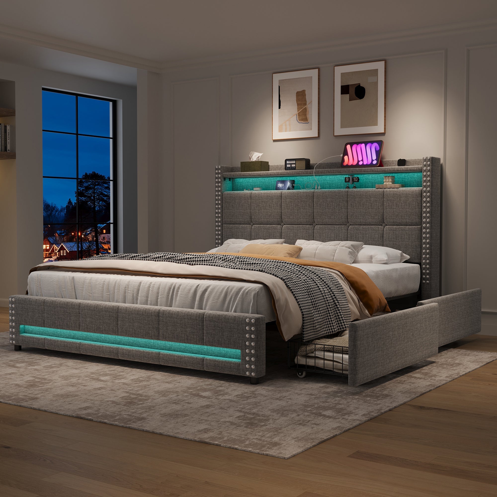 4ft6 Double Upholstered Bed with 4 Storage Drawers, LED Charging Station, Linen Grey