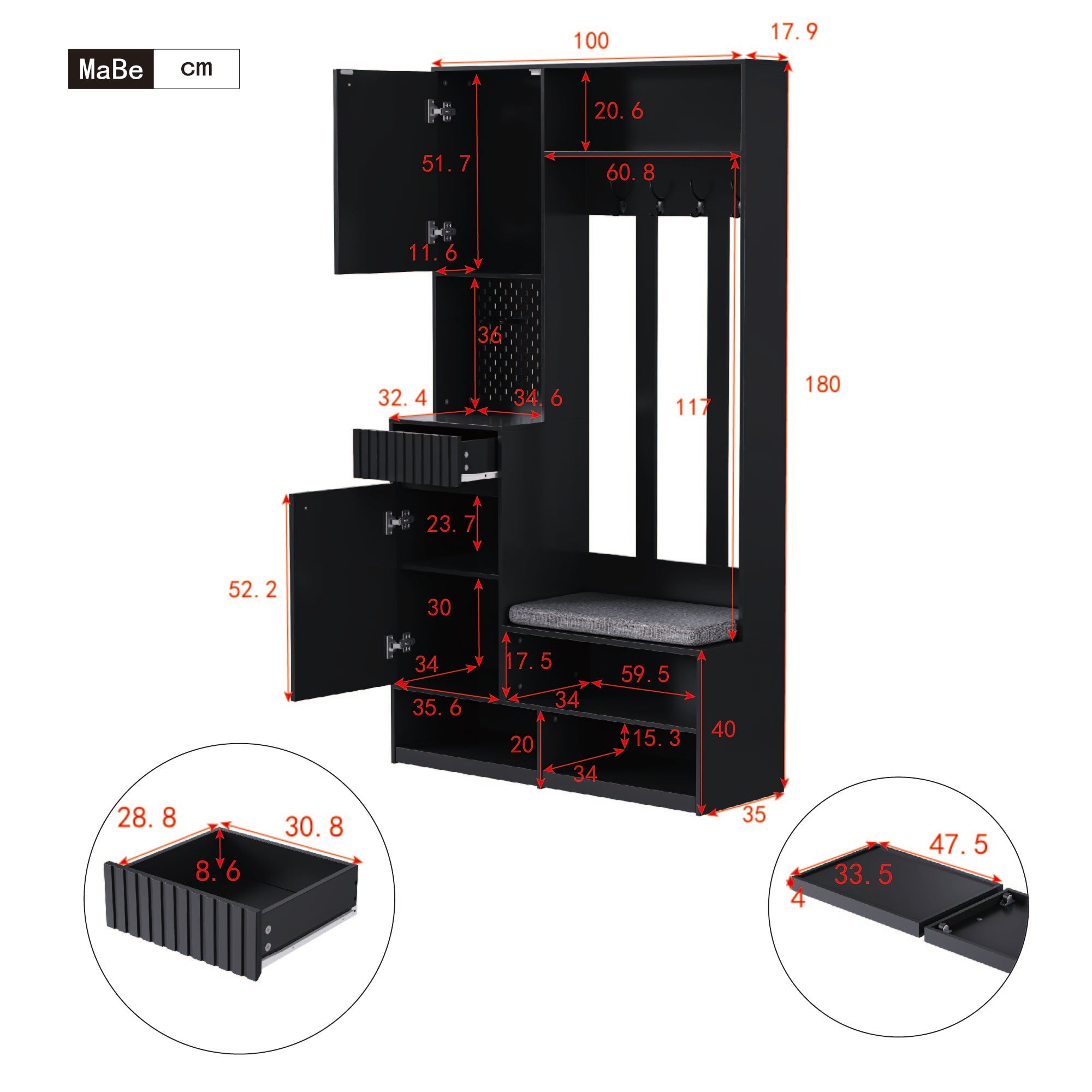 Wardrobe set complete hallway wardrobe set with bench, 4 hooks, doors & drawers - black
