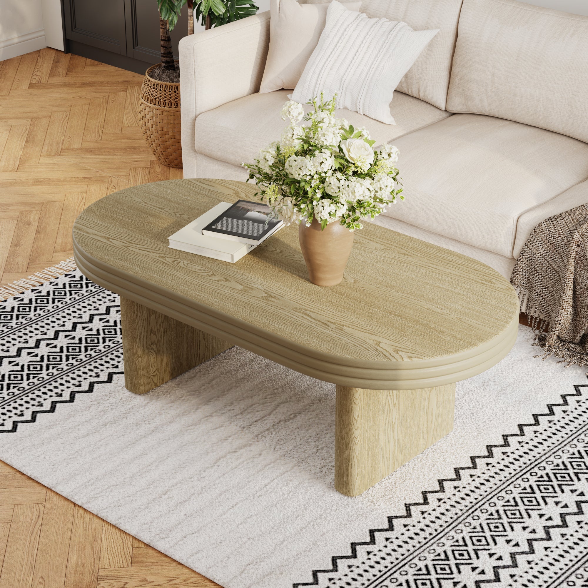 Mid Century Modern Oval Fluted Coffee Table Rustic Wood 120cm - Natural