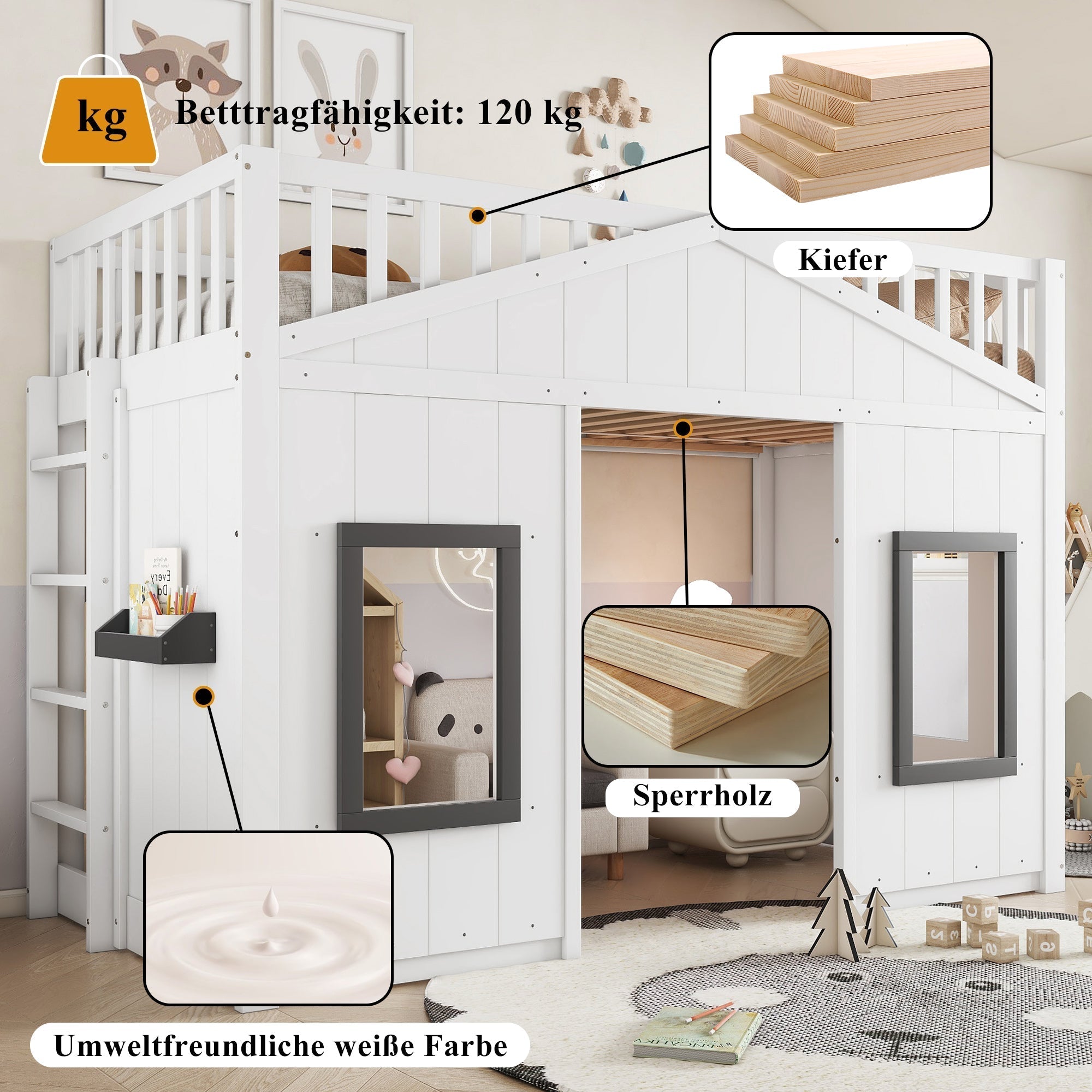 House Bunk Bed 90x200cm, Stairs Railing Window Storage, Pine+MDF White