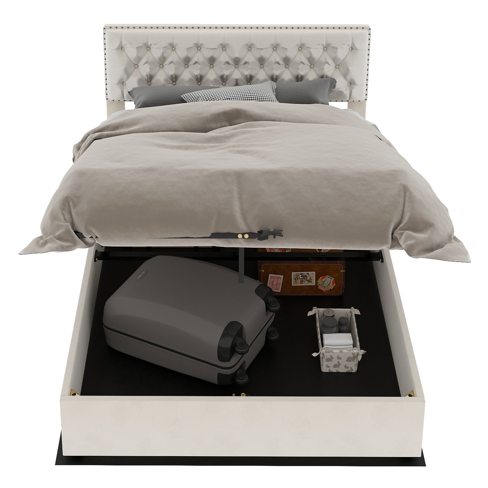 Modern Minimalist Soft Bed with Hydraulic Storage and 160x200cm Frame, Beige Dutch Velvet