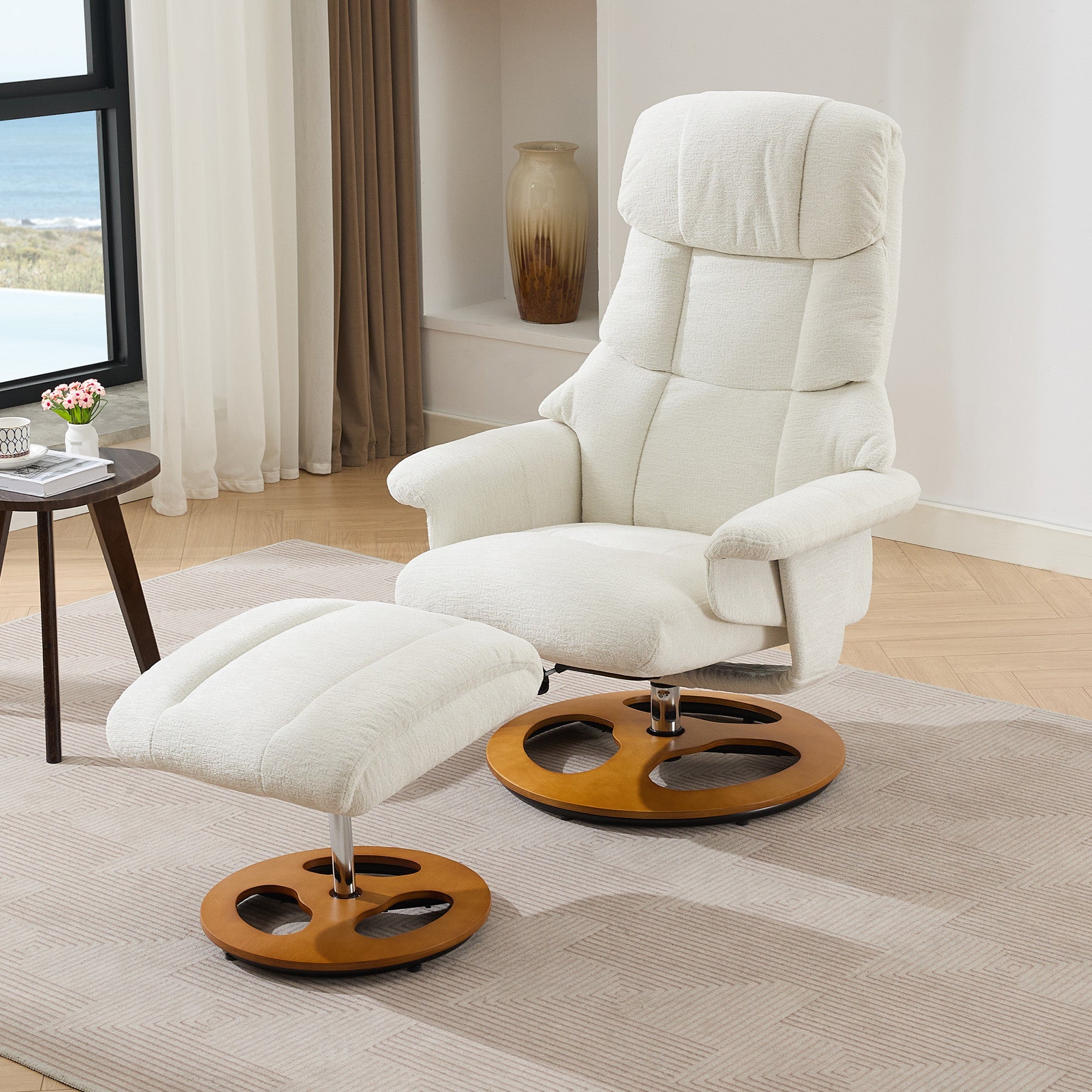 025 Recliner Chair with Massage, Heat, Reclining, Footstool, 360° Rotatable, Chenille Fabric White
