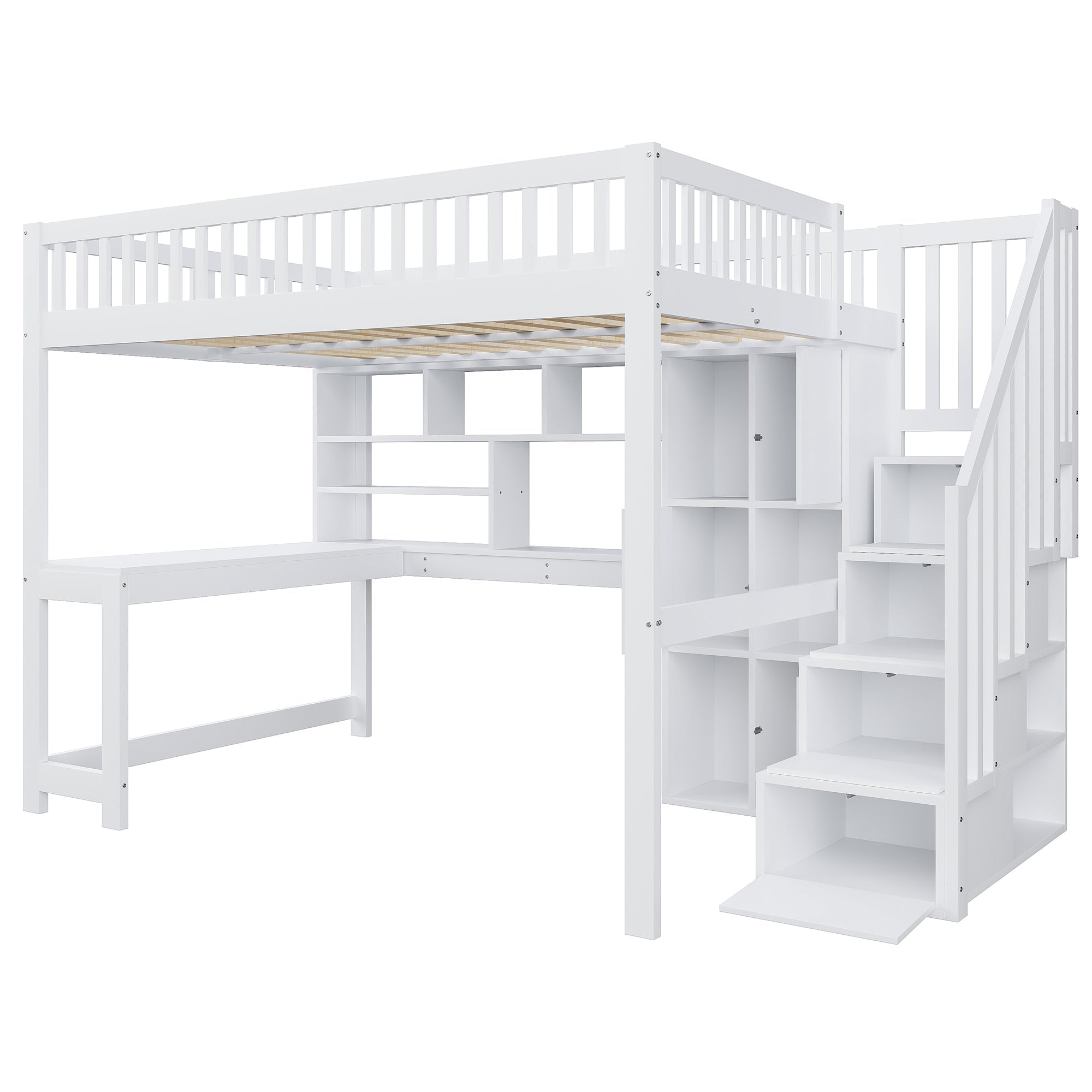 Loft Bed with LED Lights, Storage Ladder, Shelves and Desk, 140x200cm, White