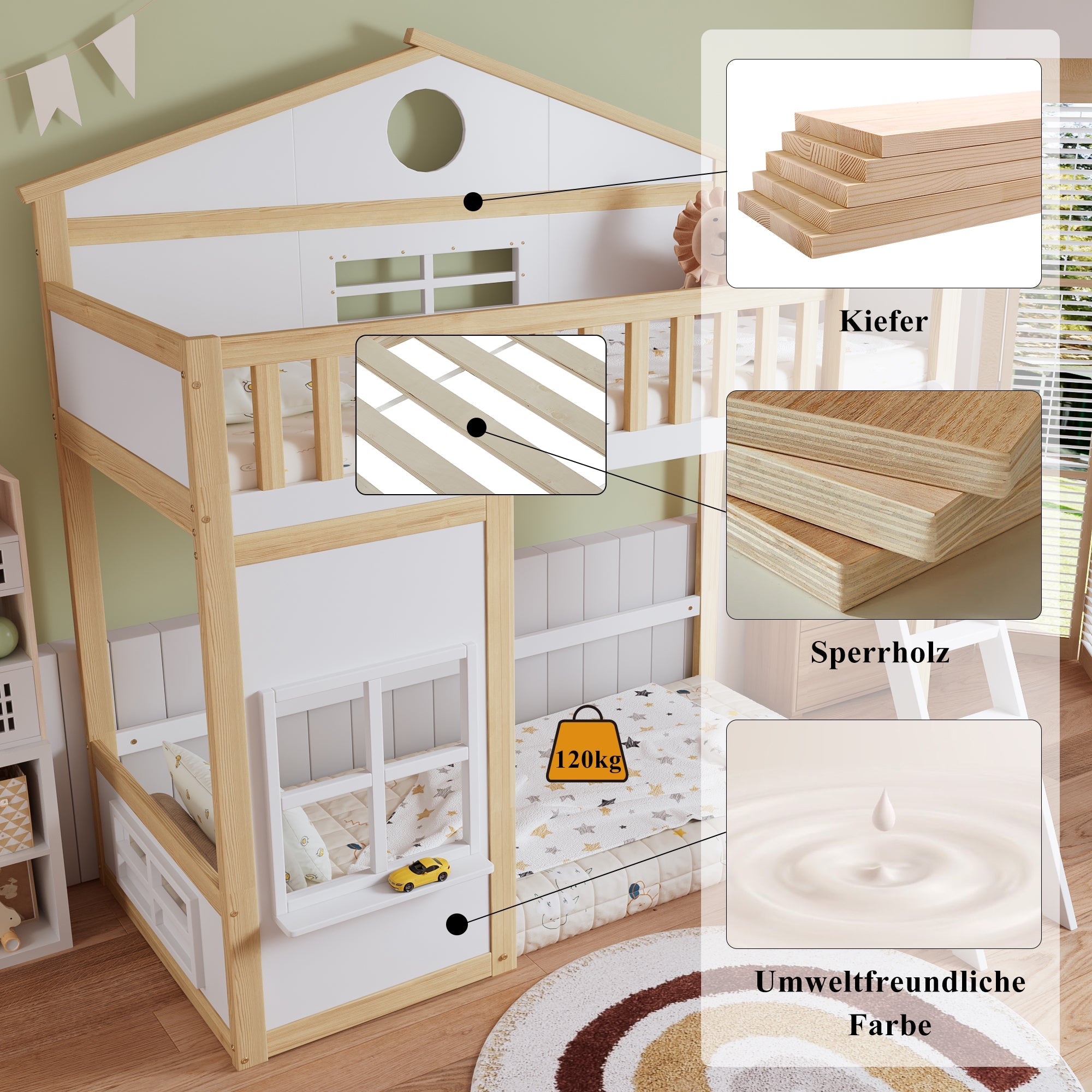 Bunk Bed, House Bed with Stairs & Rails, Pine+MDF, White+Natural