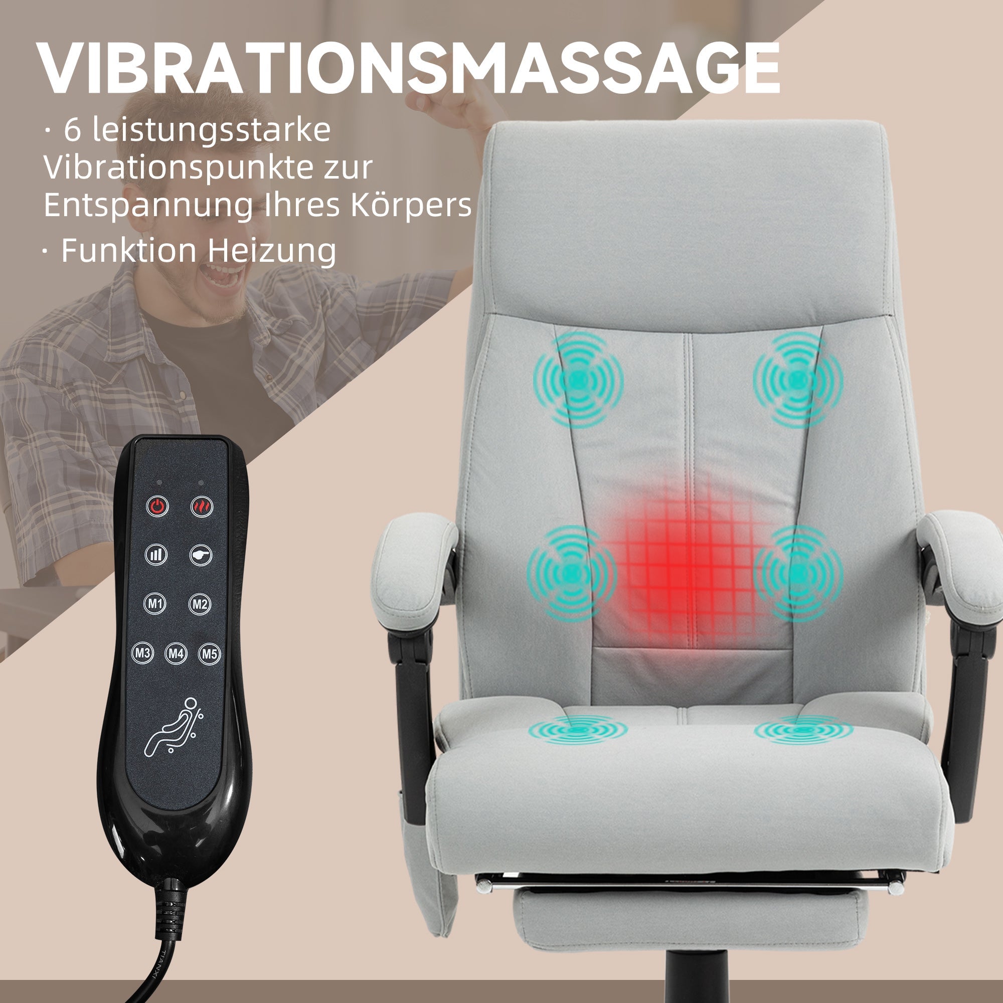 Vinsetto Massage Office Chair, Reclining Ergonomic Footrest, Light Grey
