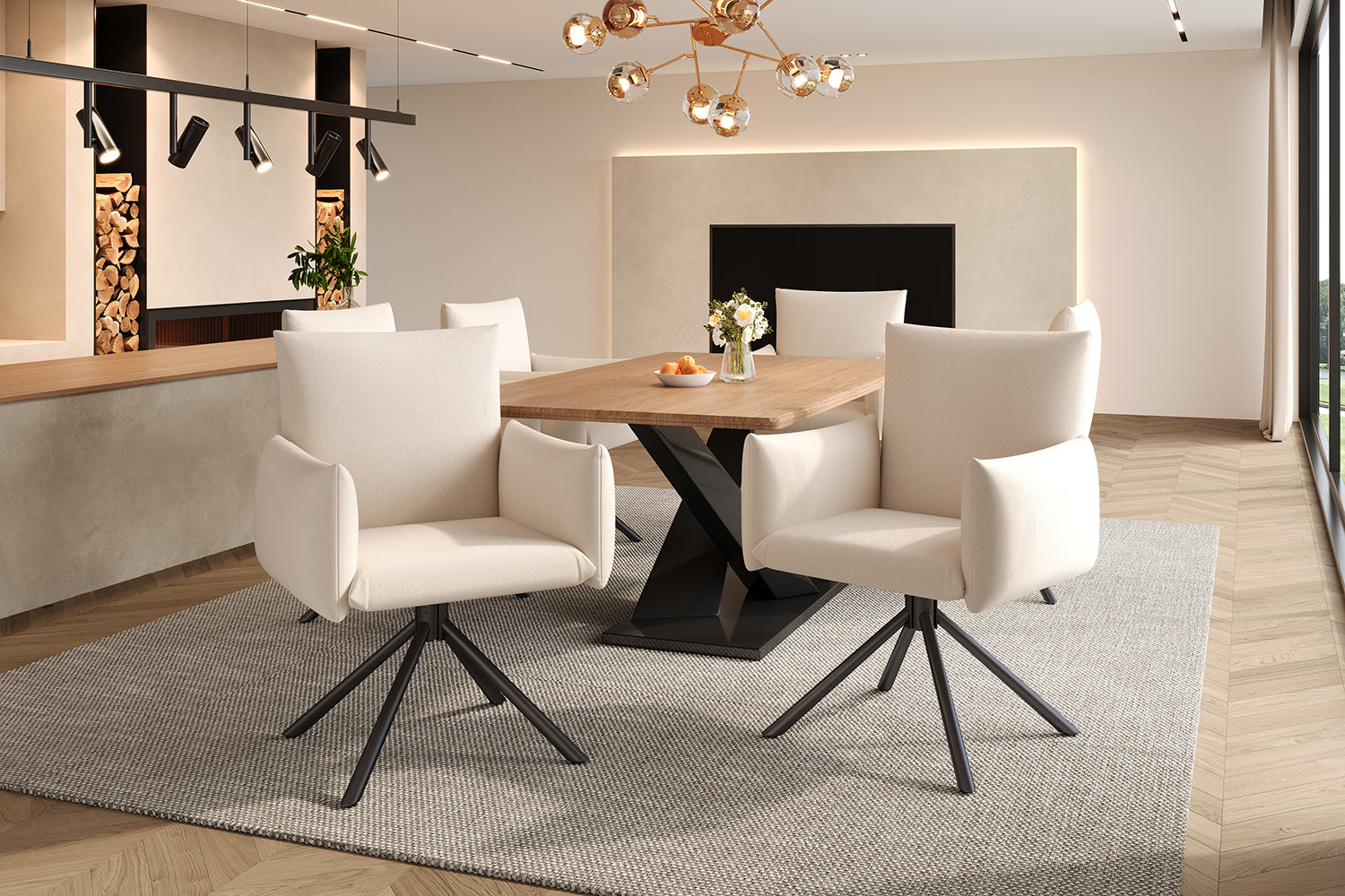 Dining Chairs Set of 6 Upholstered 360° Swivel Lumbar Support - Beige Linen