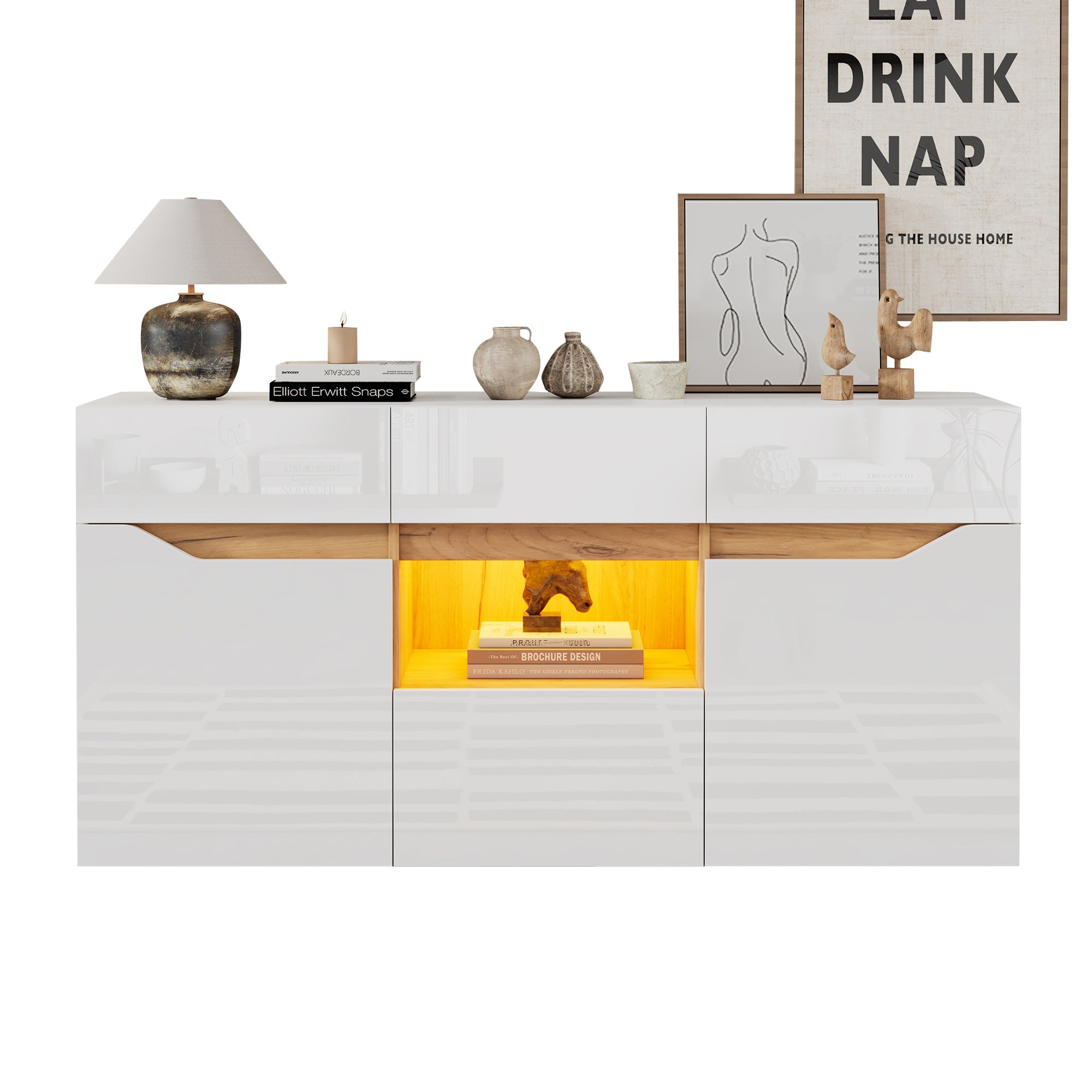 Living Room Sideboard, 4-Drawer Cabinet with LED Lighting, White & Wood