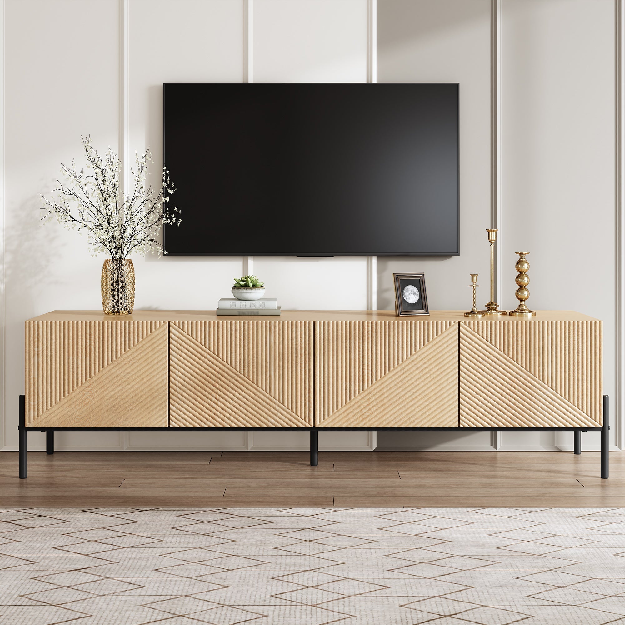 Modern TV Cabinet with 4-Door Storage and 3D Geometric Design, 160cm, Wood and Metal