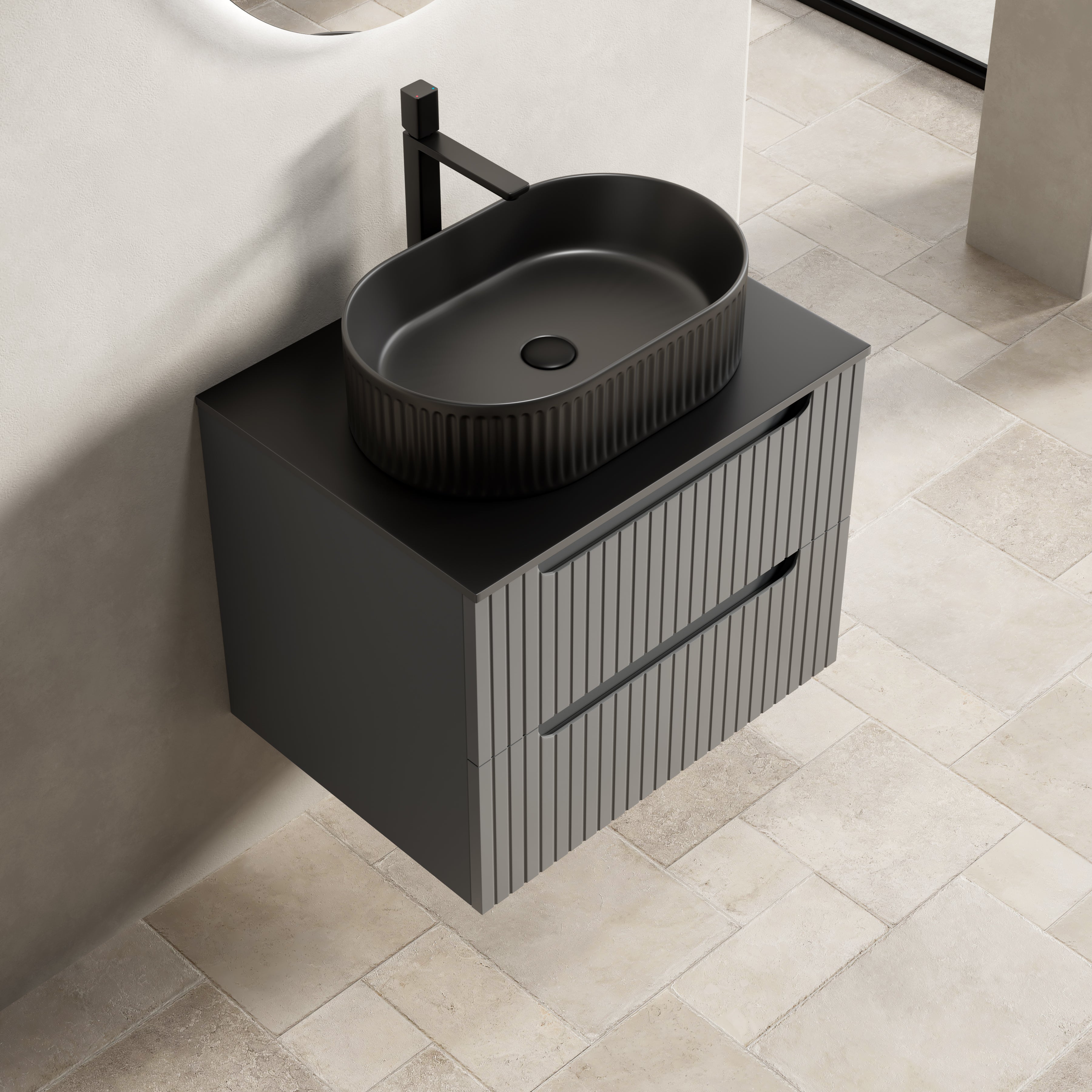 Floating Bathroom Vanity Unit with Oval Sink and Sintered Stone Top, Dark Grey