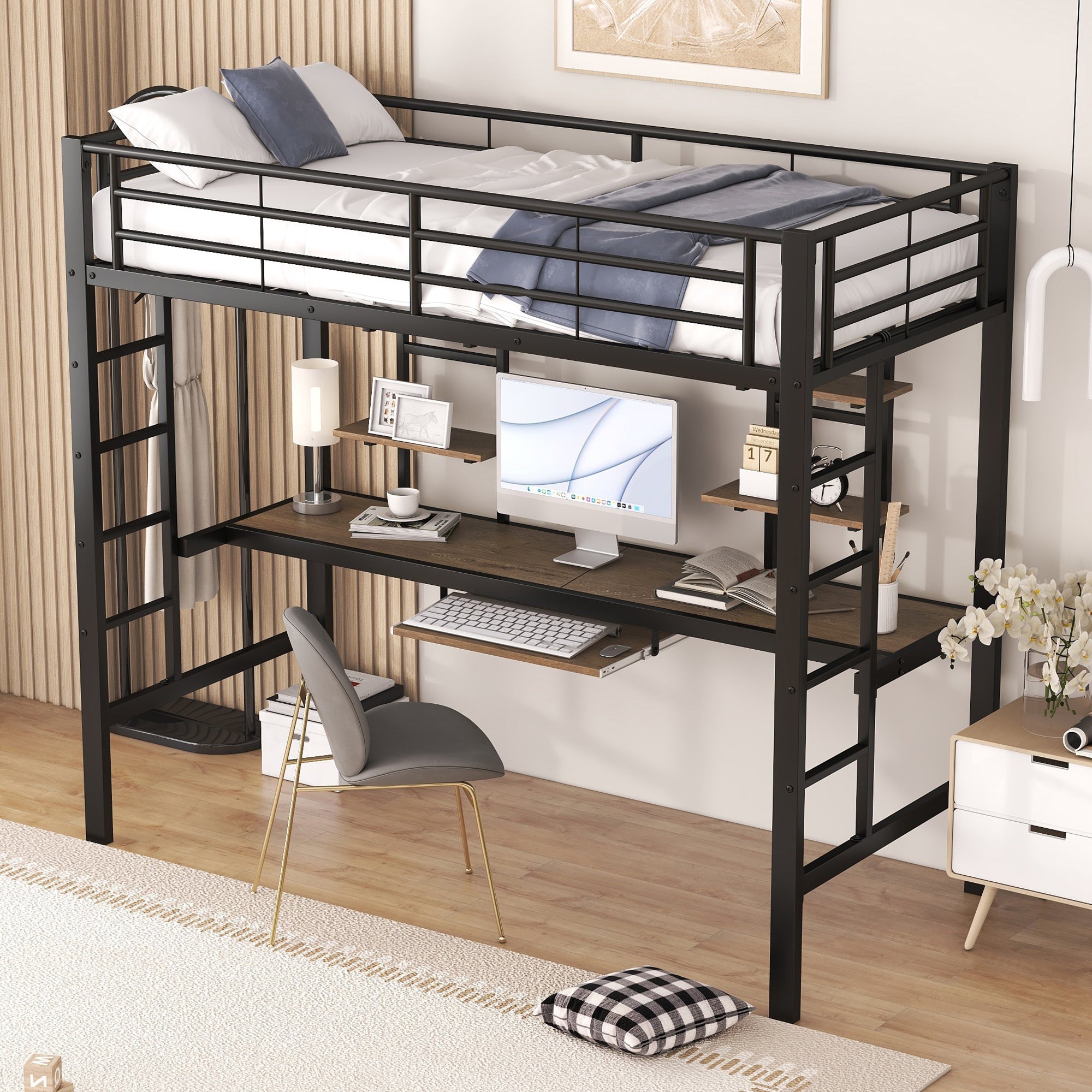 Loft Bed 90x200cm with Desk and 2 Bookshelves - Black Metal