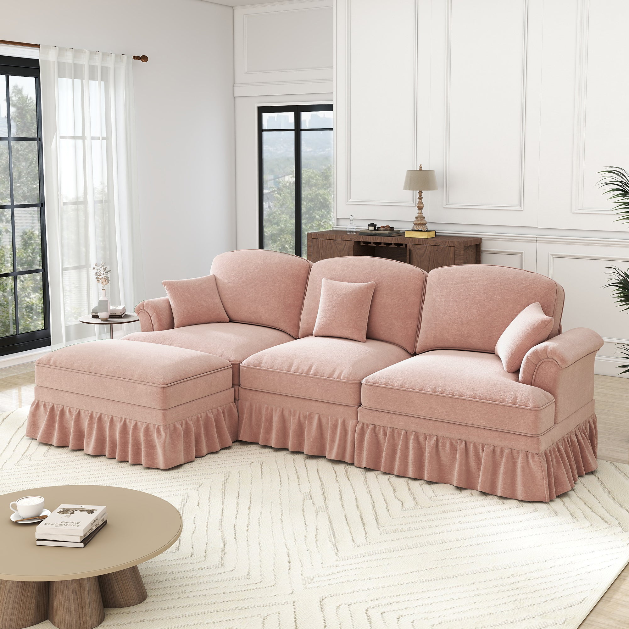 Modular Mid-Century L-Shaped 3-Seater Sofa with Ottoman - Pink Chenille