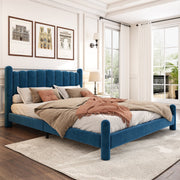 Upholstered Bed with Fan-Shaped Headboard and Slatted Base, 160x200cm, Blue Velvet