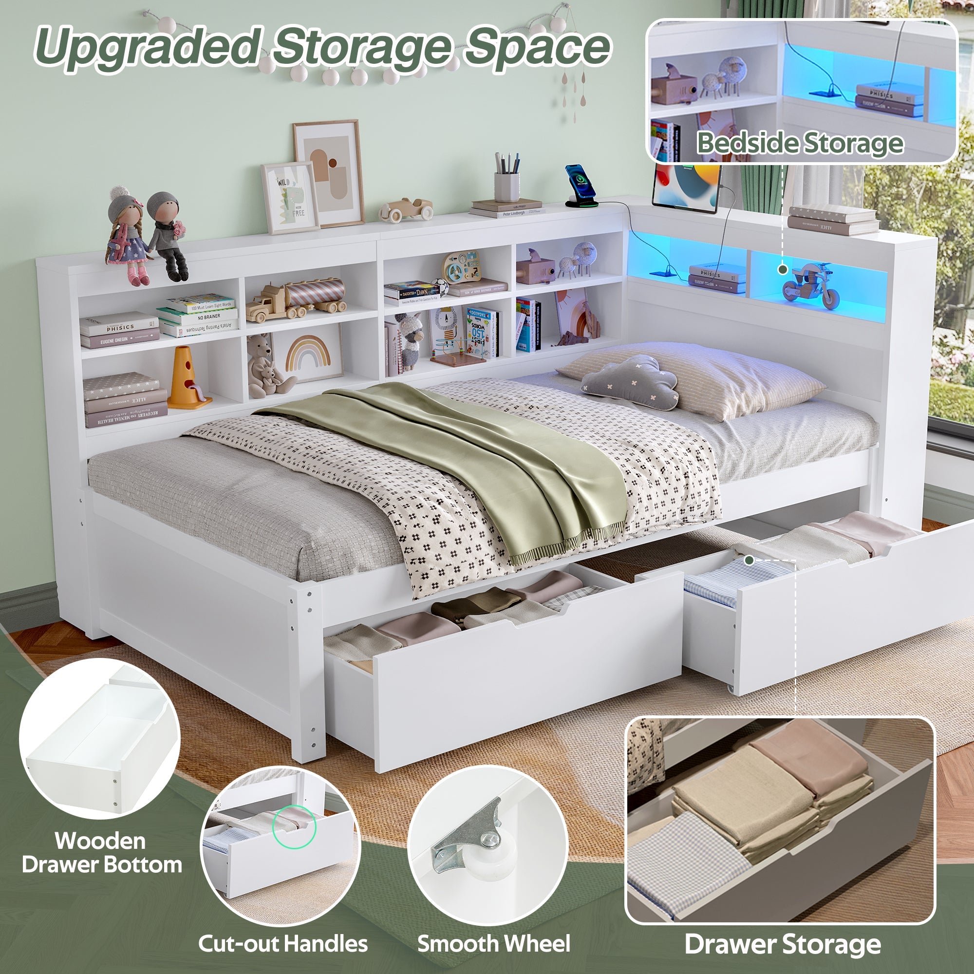 3ft Single Daybed, LED Bed Frame w/ Storage Drawers & Charging Station, Wood, White