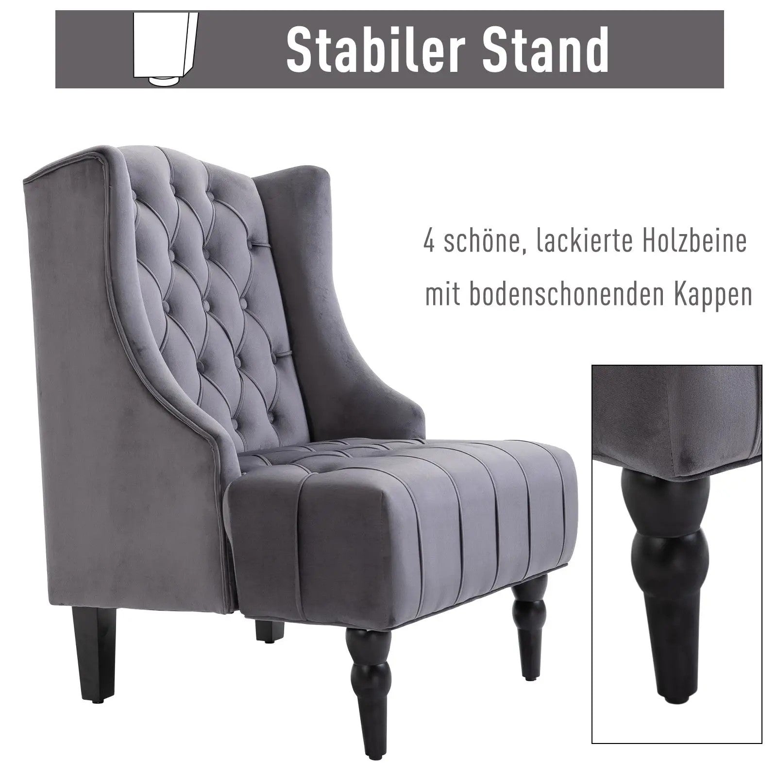 Wingback Chair Recliner, Tufting Raised Legs, Grey Velvet