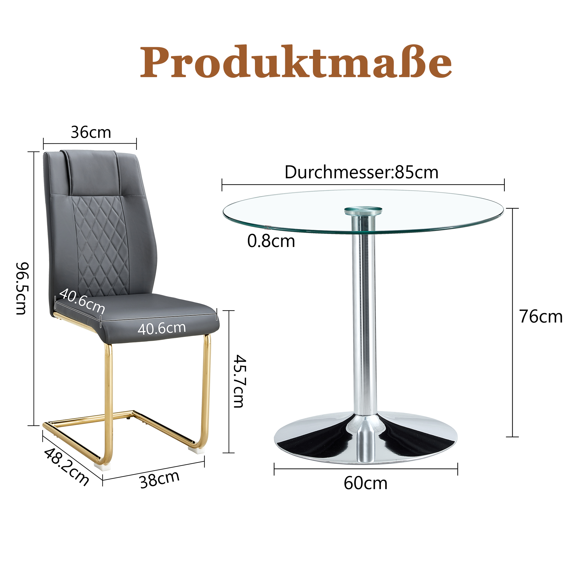 Dining Table Set - Glass 85cm 4 Chairs Gold Legs - Dark Grey PU
