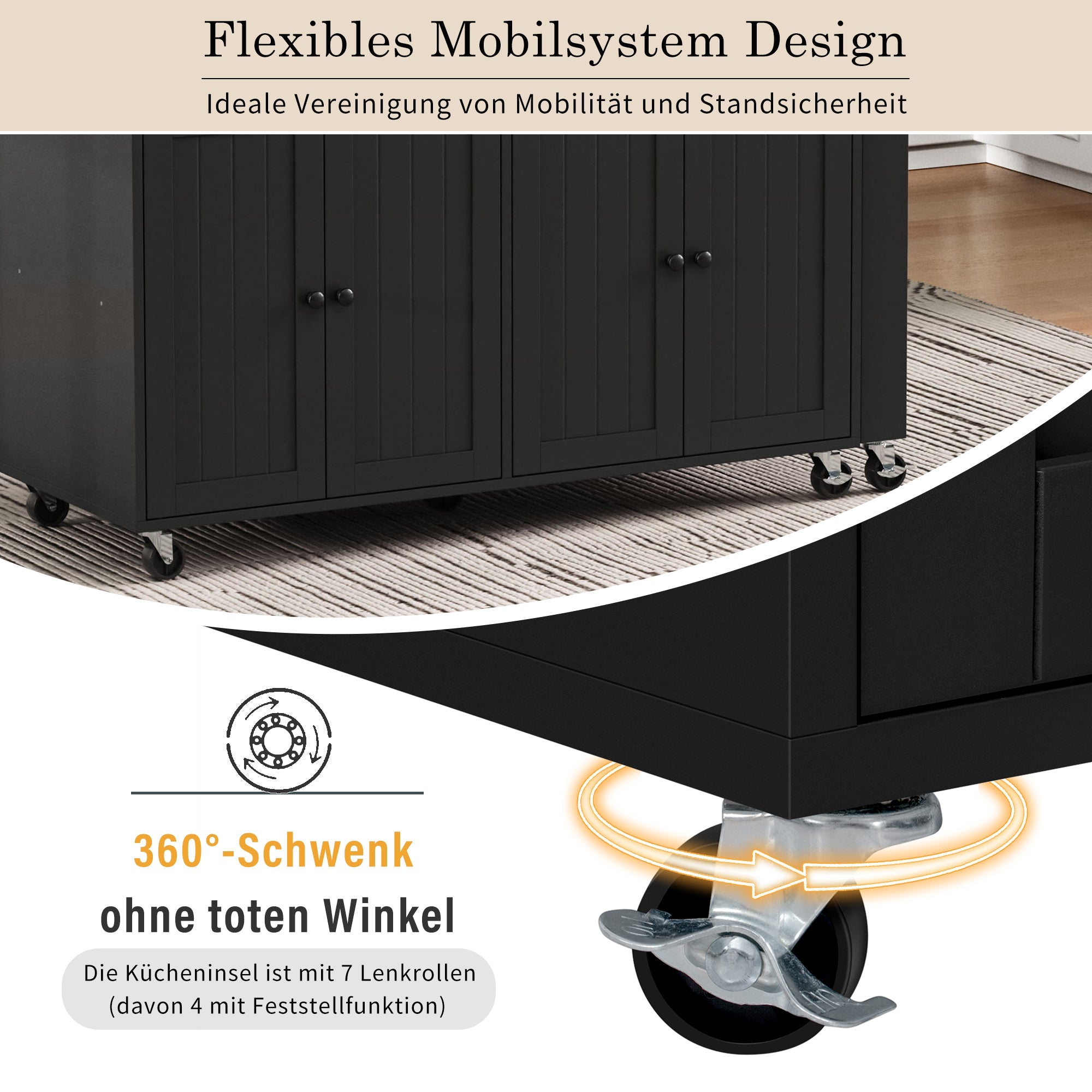Kitchen Island, Mobile with Extendable Dining & Drawers, Black + Natural
