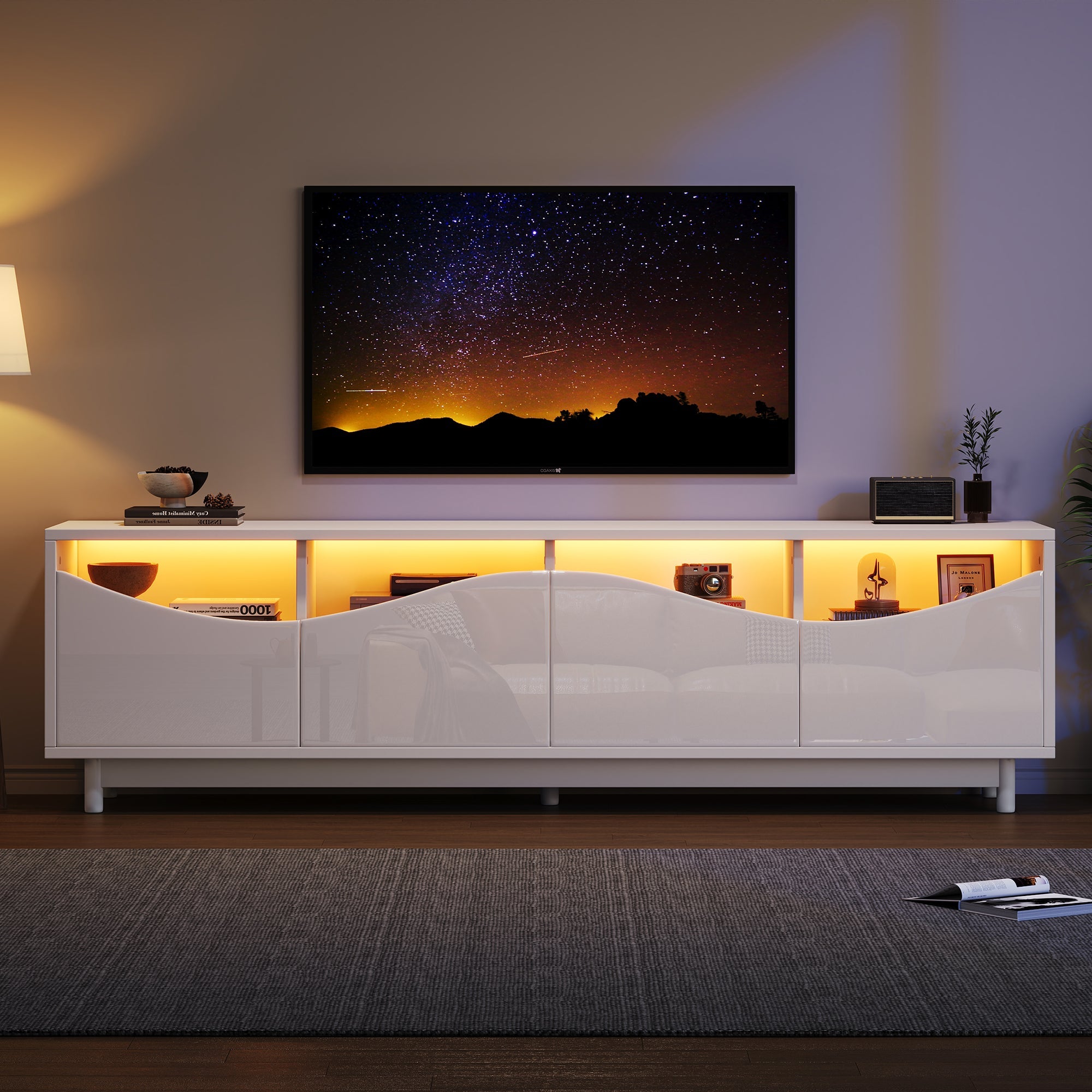 TV Cabinet, Curved High-Gloss with Tempered Glass Door & LED Lighting, White