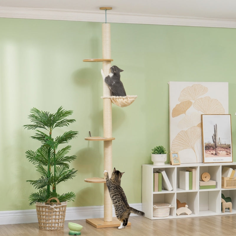 Katzenbaum, deckenhohe Sisalseile, Holzwerkstoff, Eiche+Cremeweiß