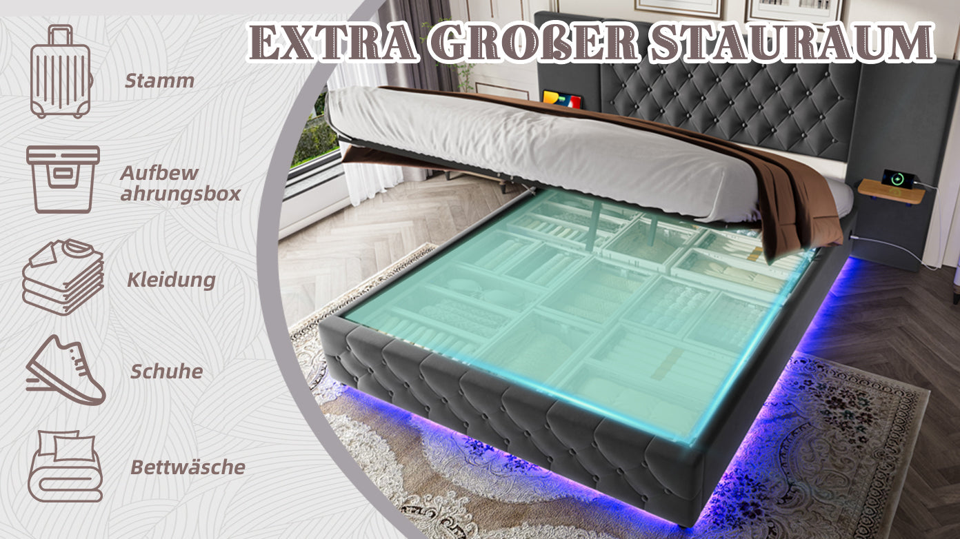 Bed Frame, 140x200cm, Wide Headboard, LED, USB, Hydraulic Lift Storage