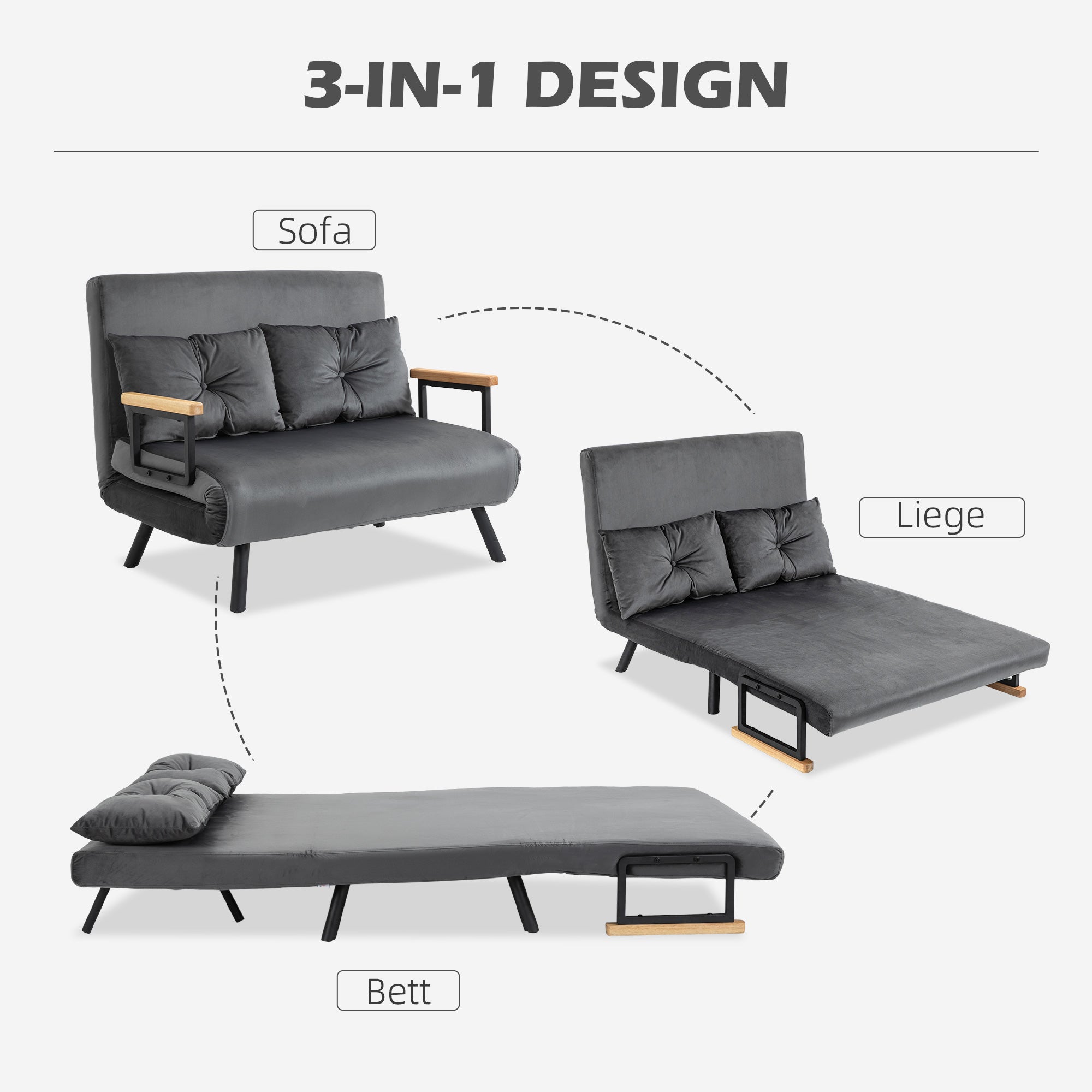 Sofa Bed, Storage Function Velvet Back Cushions, Dark Grey (102x73x81 cm)