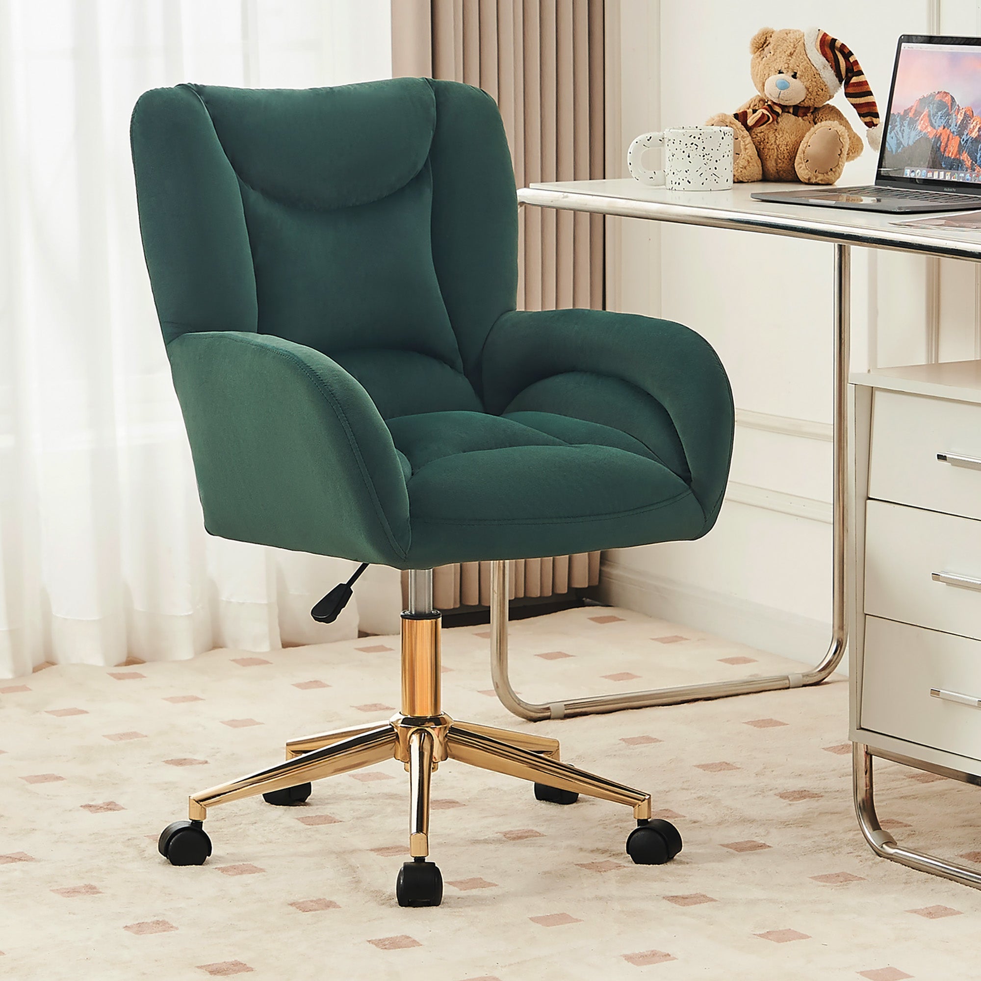 Full KD Swivel Chair, Height-Adjustable Home Office with Gold Legs, Green Velvet Fabric