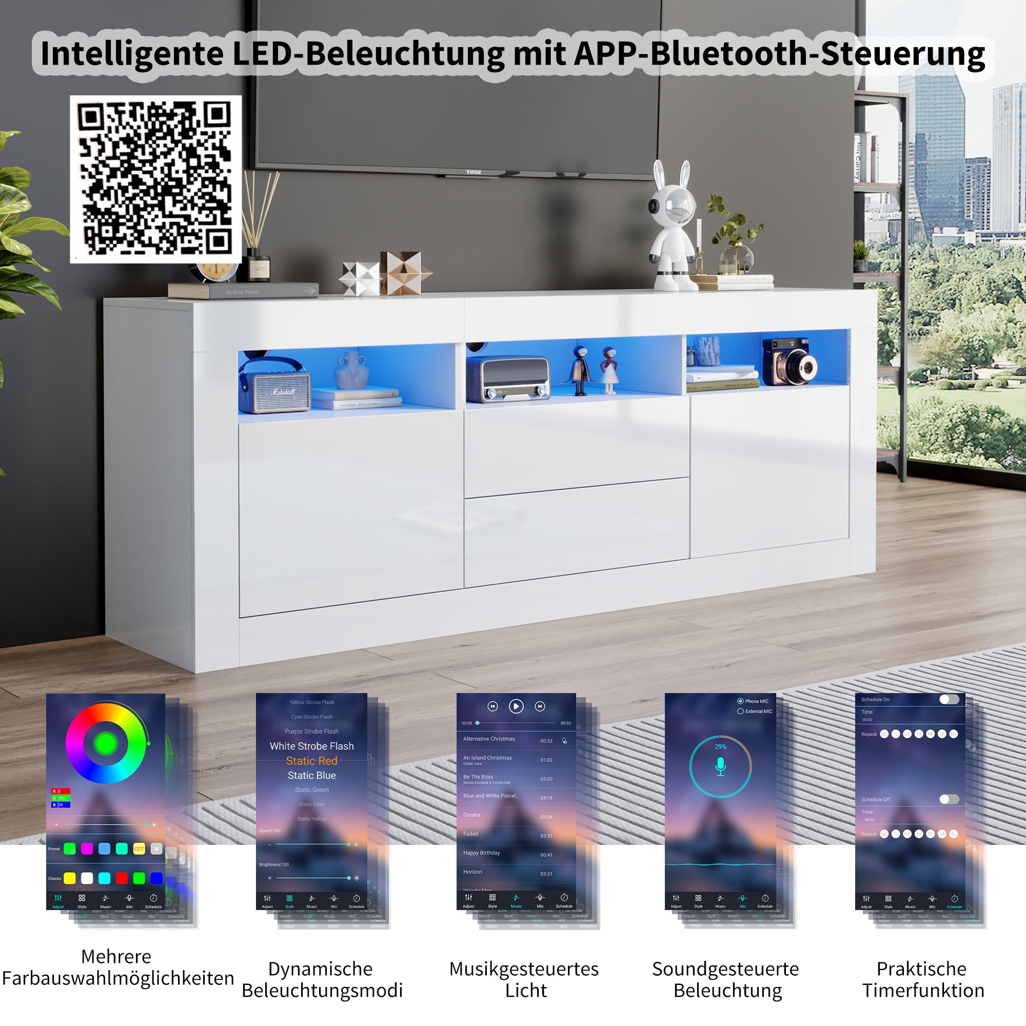 TV Cabinet, 160x35x60cm LED Lit, 3 Open, 2 Doors, 2 Drawers, Smart App Control, High Gloss