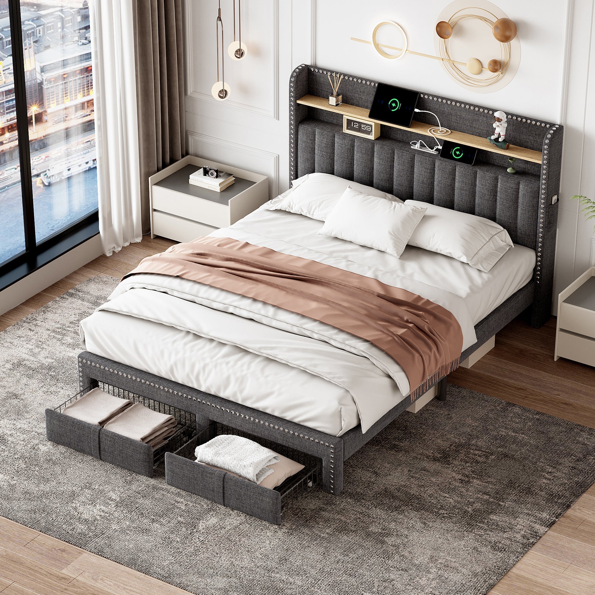 4ft6 Double Upholstered Bed with 2 Storage Drawers, Riveted, Charging & Lighting, Linen Platform, Grey