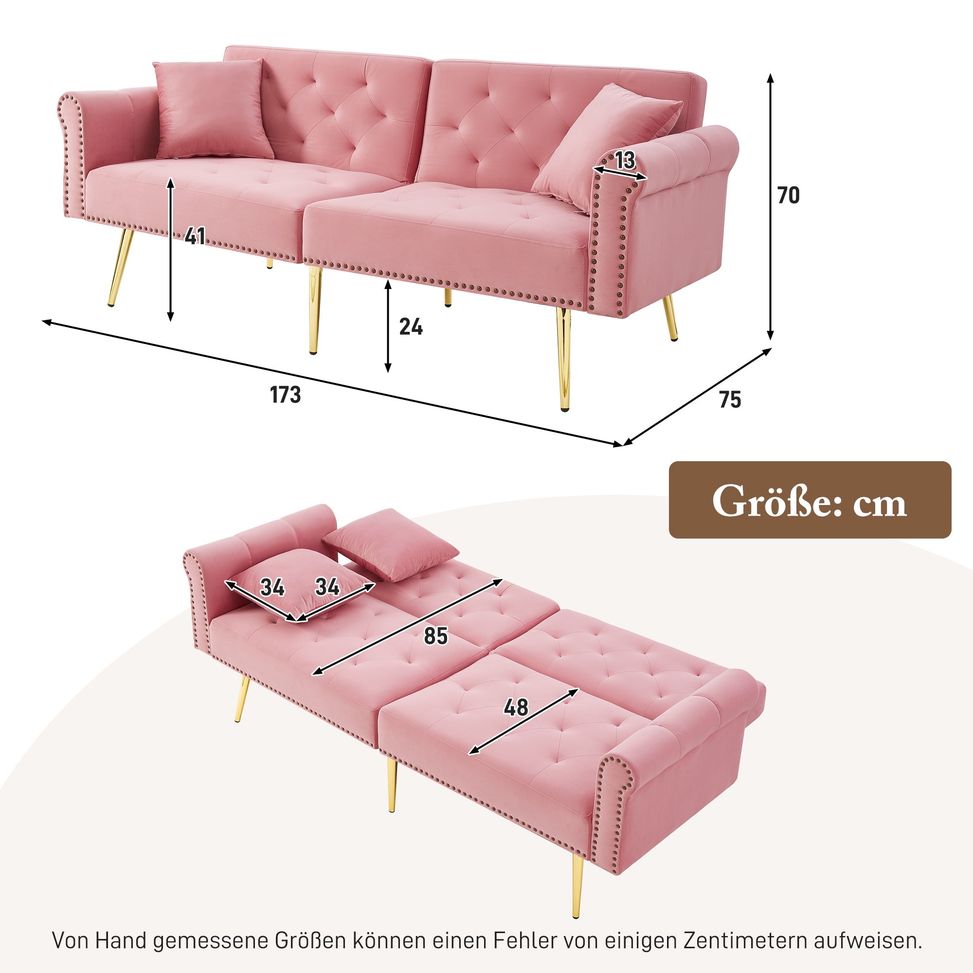 Sofa Bed, 2-Seater with 3-Level Adjustable Backrest & Gold-Plated Metal Feet, Velvet