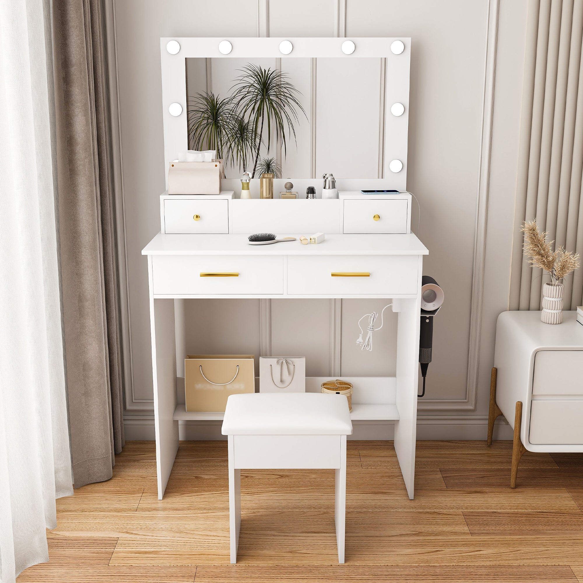 Dressing Table with LED Light, Power Outlet, 4 Drawers & Stool, White