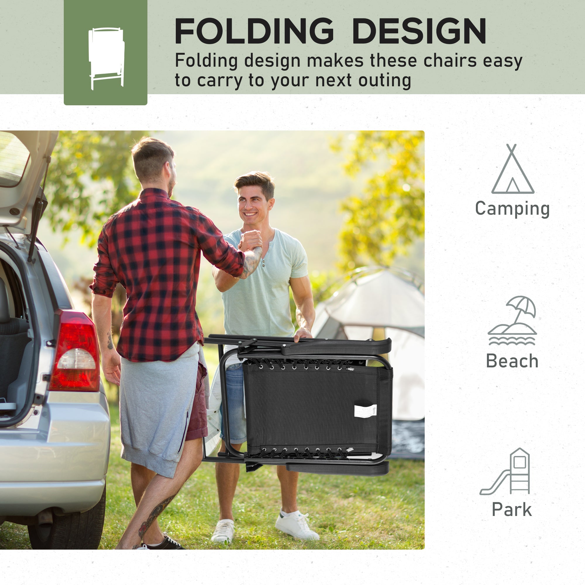 2 Pcs Patio Folding Chair Set Outdoor Portable Loungers with Armrest Steel Frame, Black