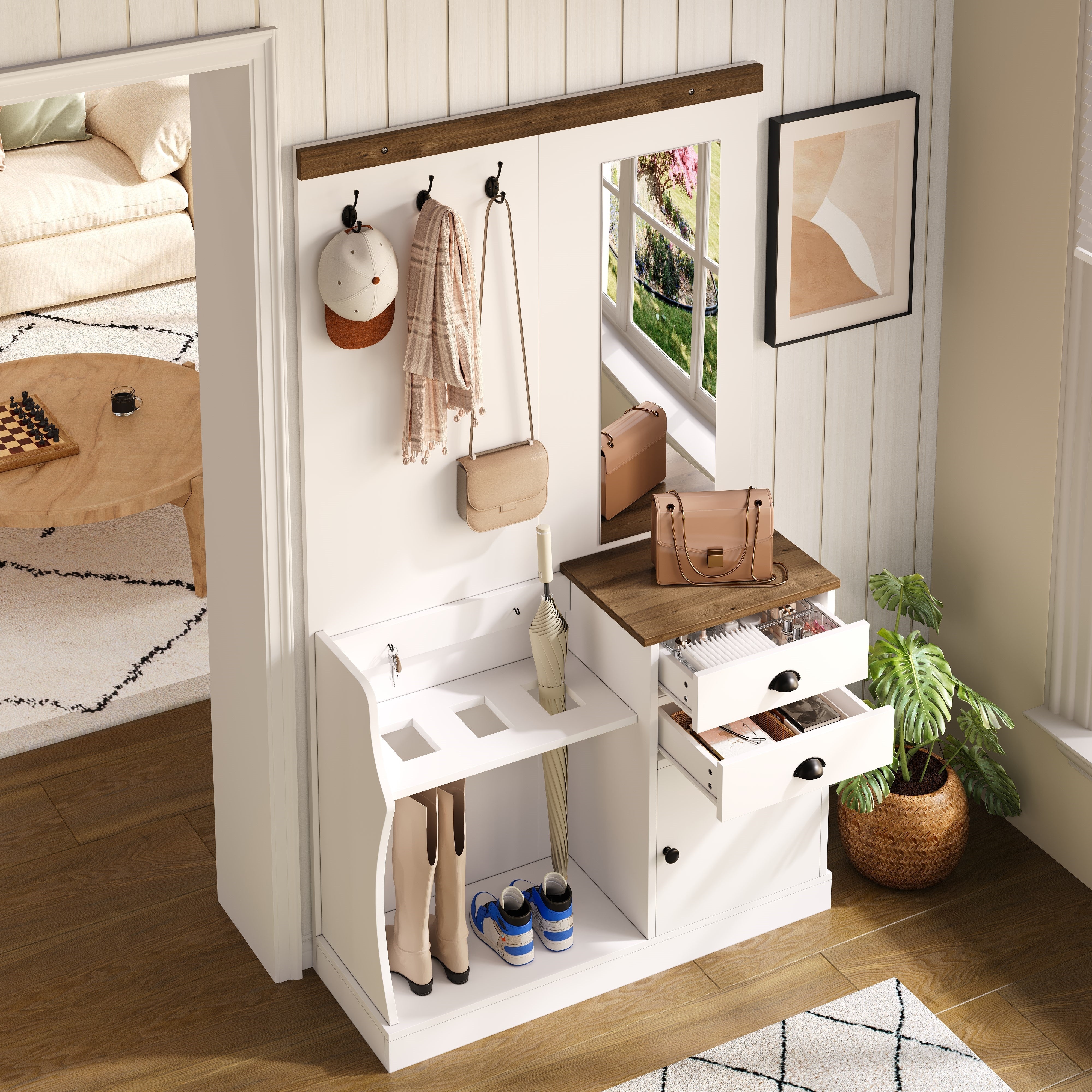 Wardrobe Set with Mirror, Hooks, Drawers & Umbrella Stand, Wood and White