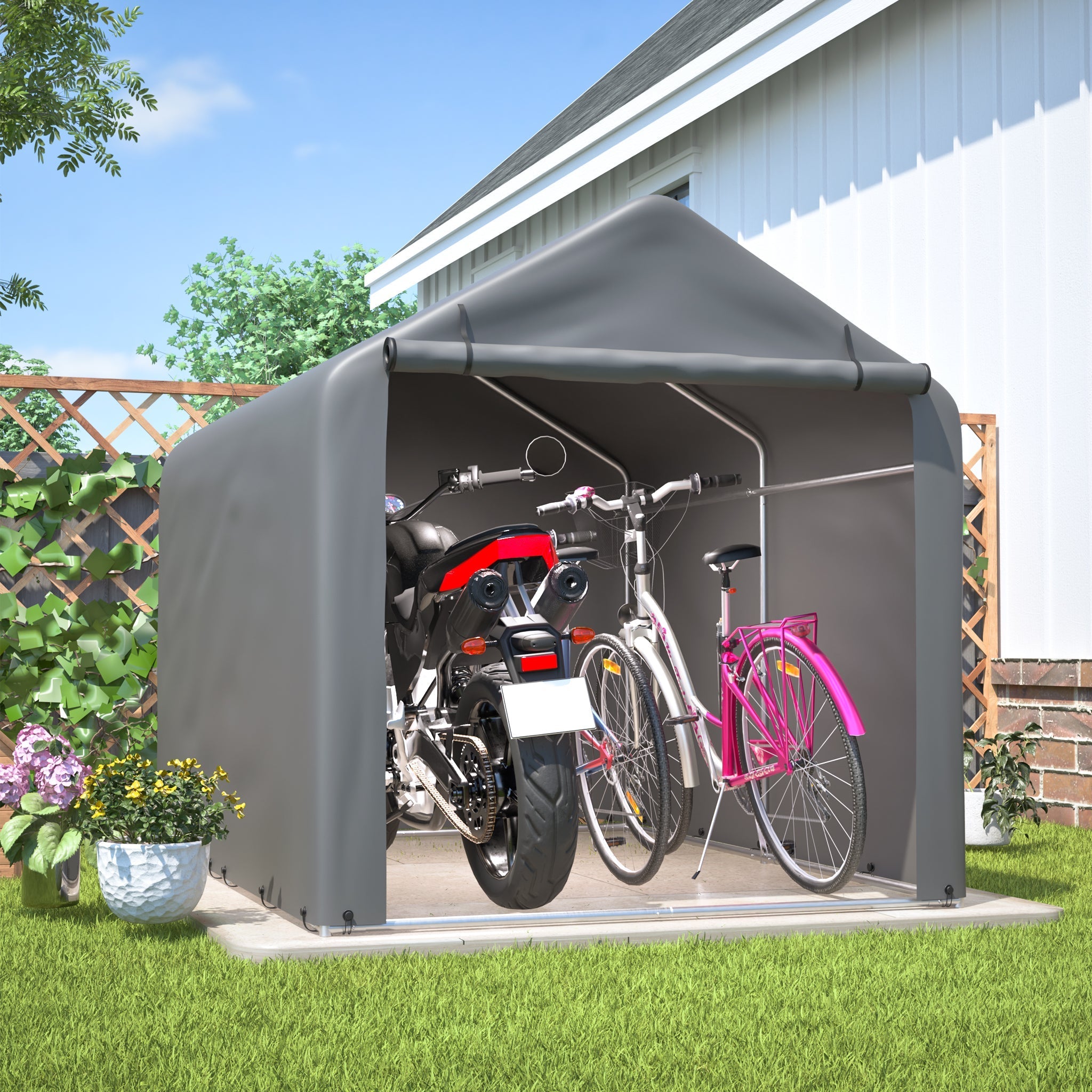 Bicycle Garage / Tool Shed 160x220x165 cm with Roller Shutter, Waterproof PE, Grey