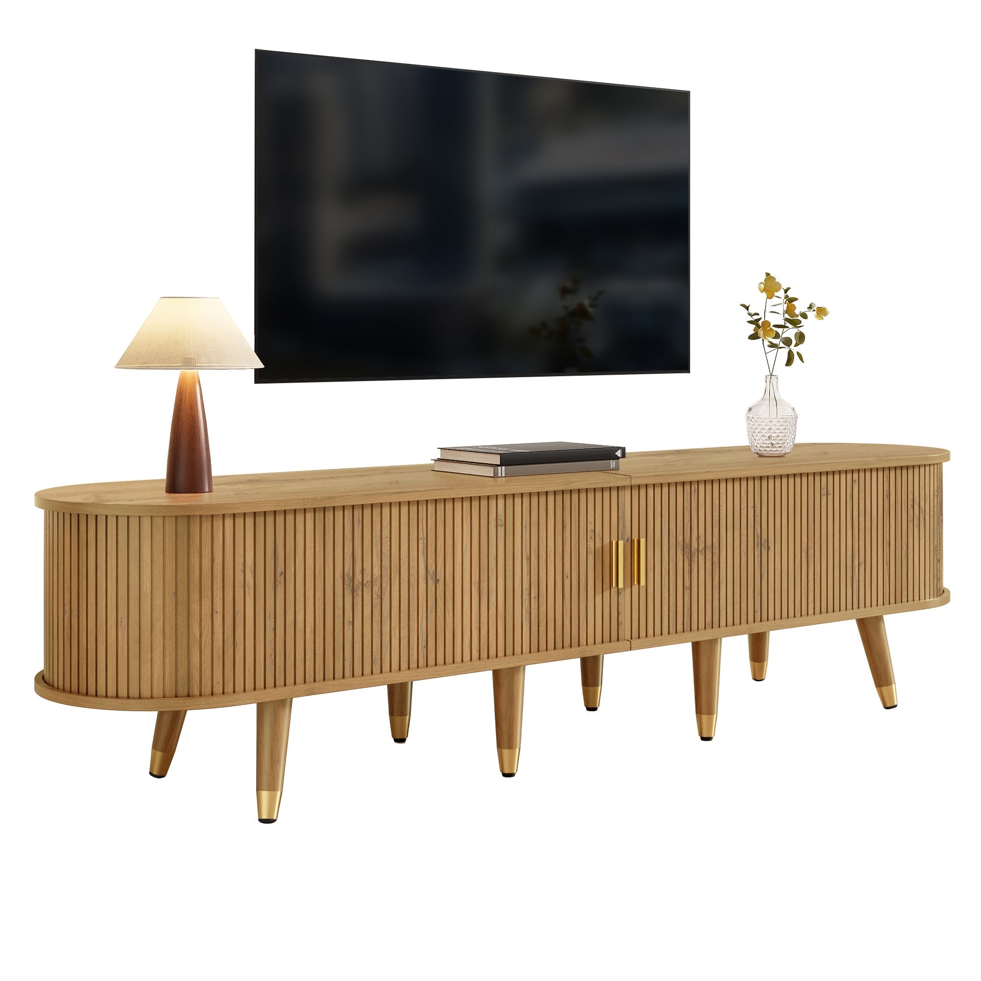 TV Cabinet Sliding Doors Media Console Wood Grain