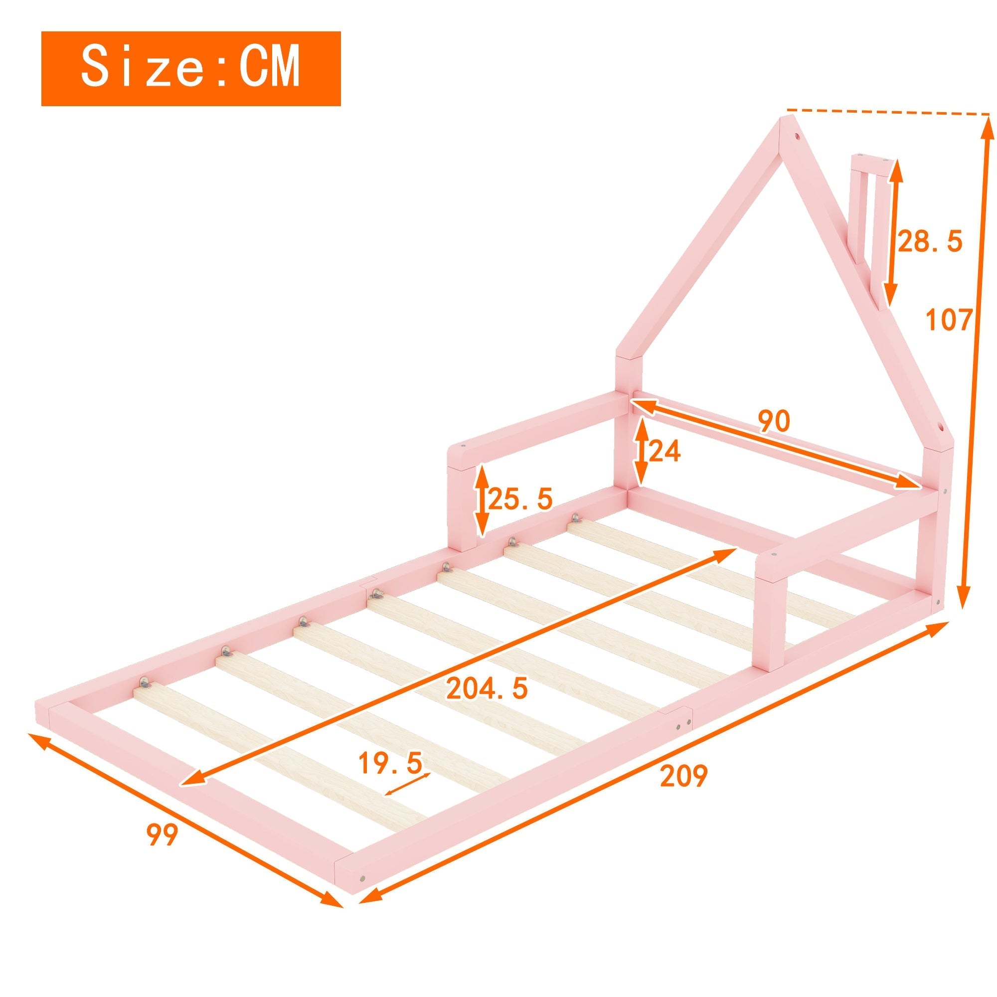 Children's bed, 90x200cm, flat bed, house shape, solid pine, pink