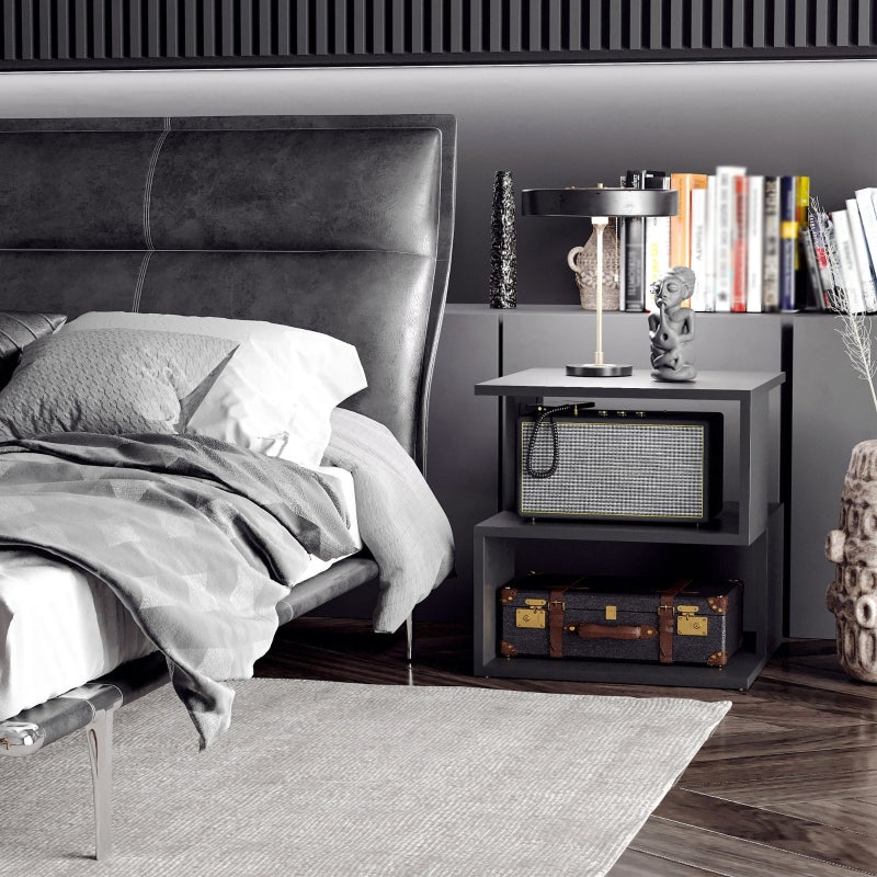 Side Table Square Modern 2-Tier Storage Shelves Black