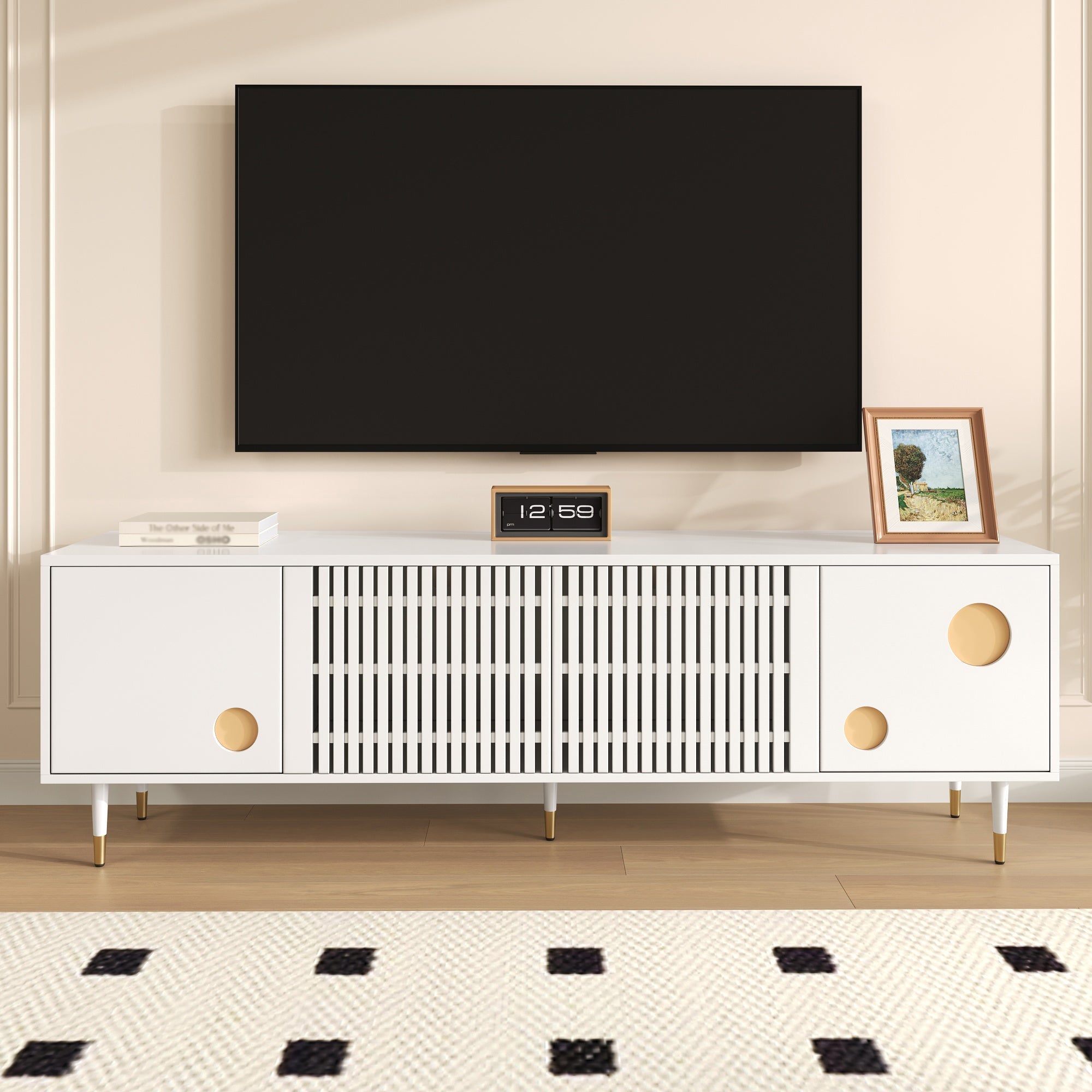 TV Cabinet, Lattice & Hidden Handles, Solid Wood Doors, Gold Decor