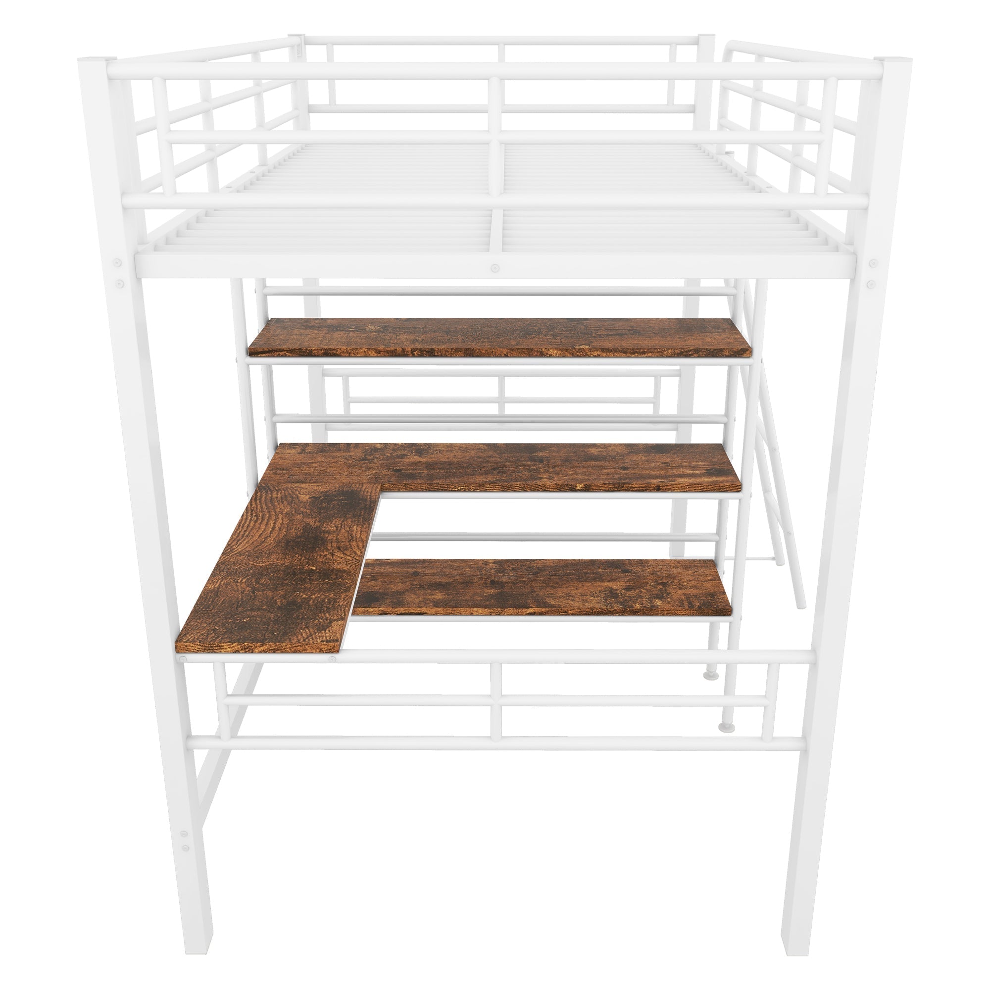 Loft Bed 90x200cm with Desk Shelves Railing Ladder Iron Frame White