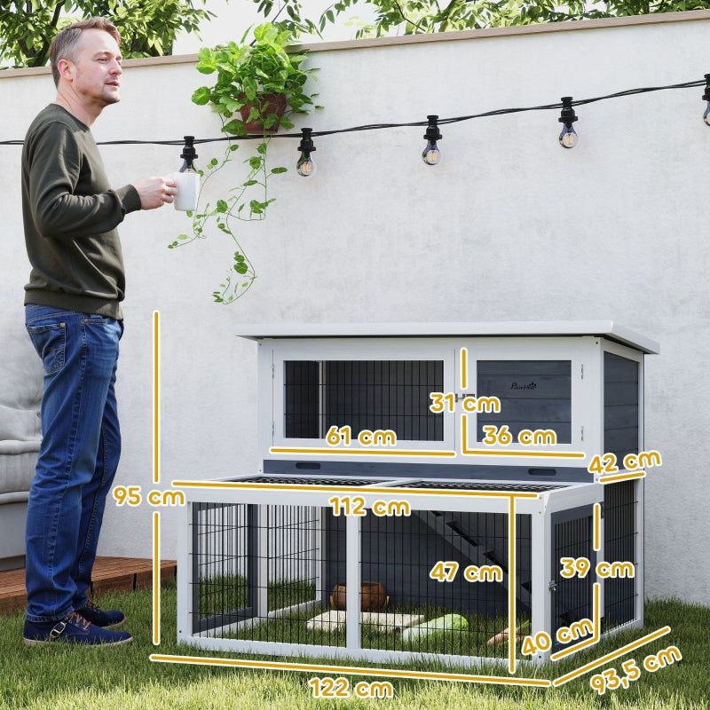 Rabbit Hutch, 2 Levels Foldable Roof Winterproof Solid Wood, Gray