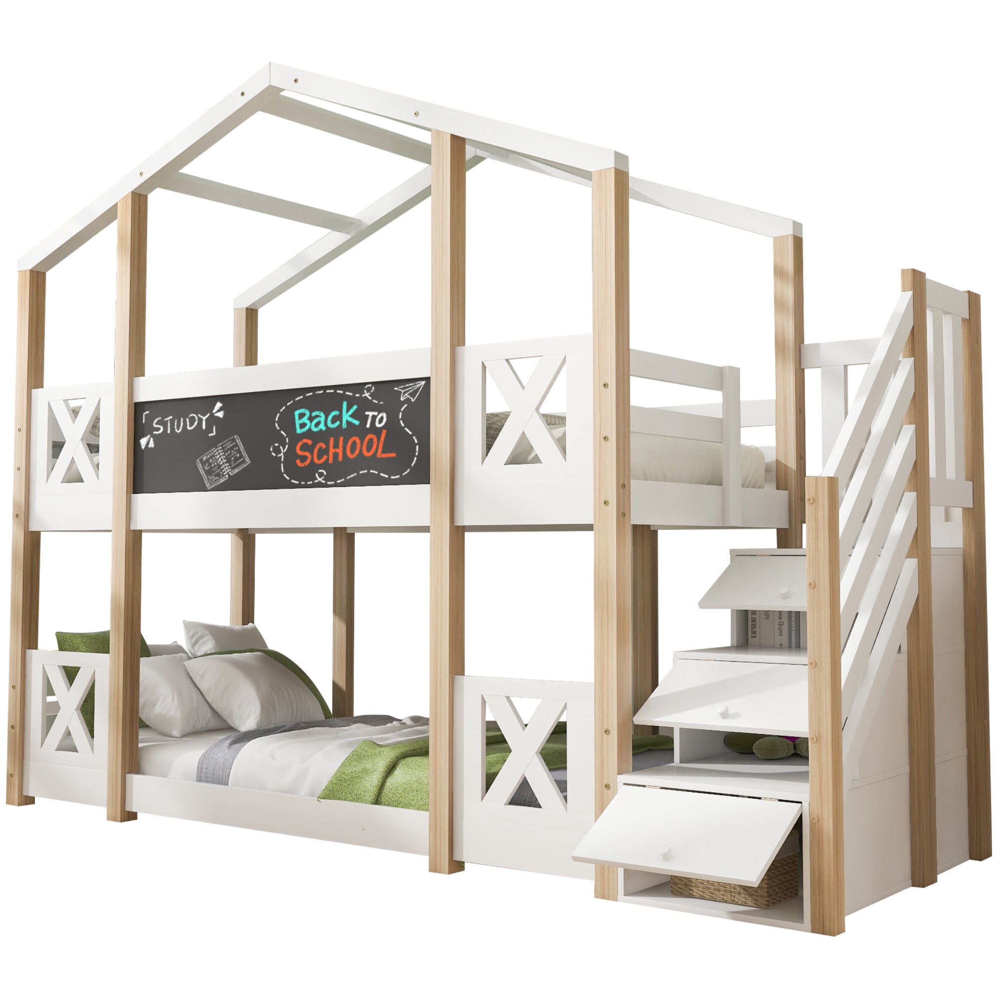 Bunk Bed 90x200cm Tree House Loft with Stairs & Fall Protection, Natural & White