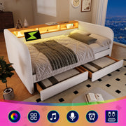 Daybed, 140x190 cm Upholstered Sofa Bed with LED, USB-C, Drawers & Storage Headboard, Light Beige Linen