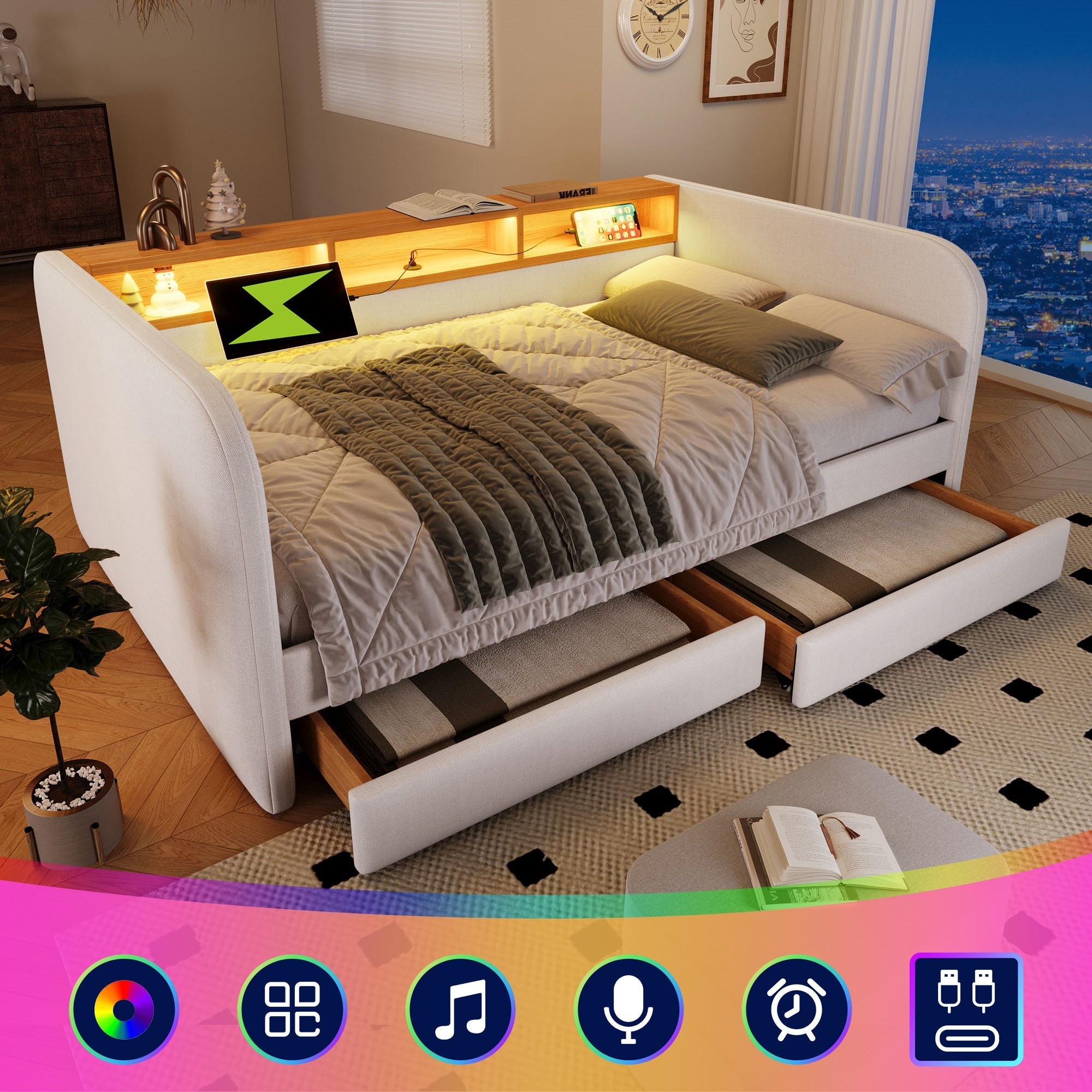 Daybed, 140x190 cm Upholstered Sofa Bed with LED, USB-C, Drawers & Storage Headboard, Light Beige Linen